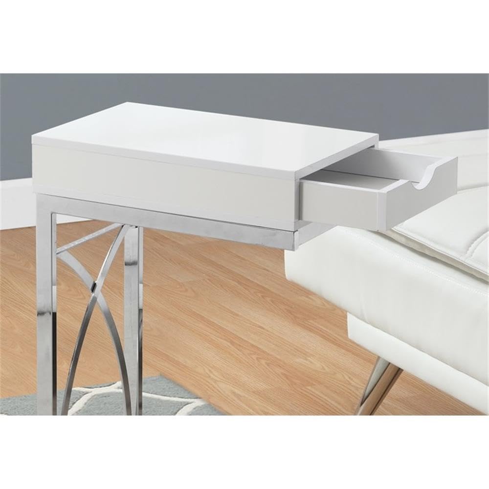 Monarch Specialties 3170 C-Shaped End Side Table with Drawer - Glossy White Laminate & Chrome Metal - 10.25