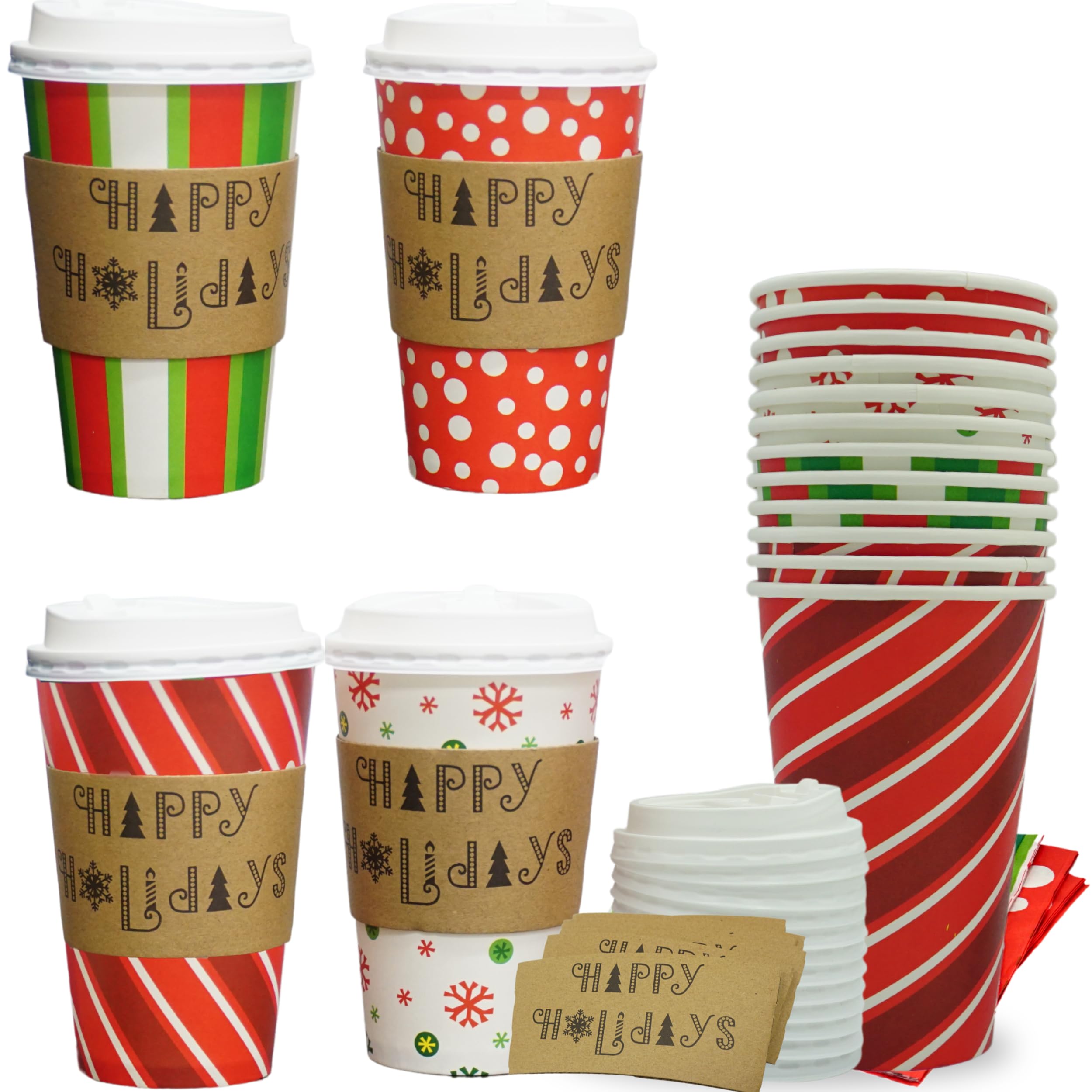 4E's 16oz Disposable Christmas Paper Cups with Lids - 12 Pack Holiday Party Supplies for Hot Cocoa, Coffee & Beverages | Perfect for Christmas Parties, Office Celebrations & Winter Gatherings