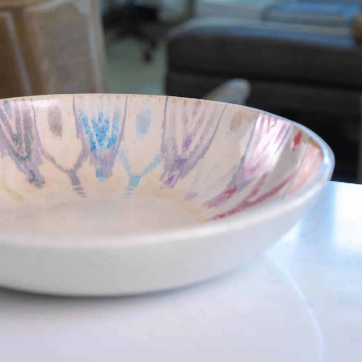 32 XL Stoneware Decorative Serving Bowl - Speckled Cream with Rainbow Design (Color Spectrum Series) - Perfect for Parties, Holidays & Home Decor