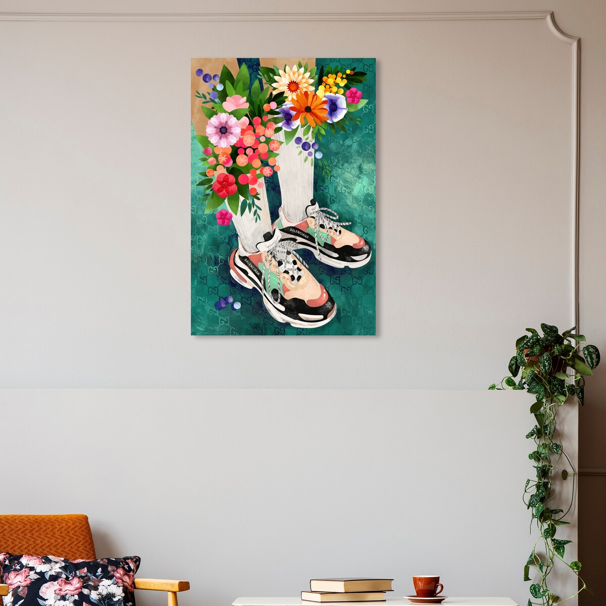 Stylish Floral Sneakers & Socks Set - Modern Green Canvas Wall Art Print for Bedroom Decor | Trendy Outfit Combo for Women, Fashionable Home & Office Wear