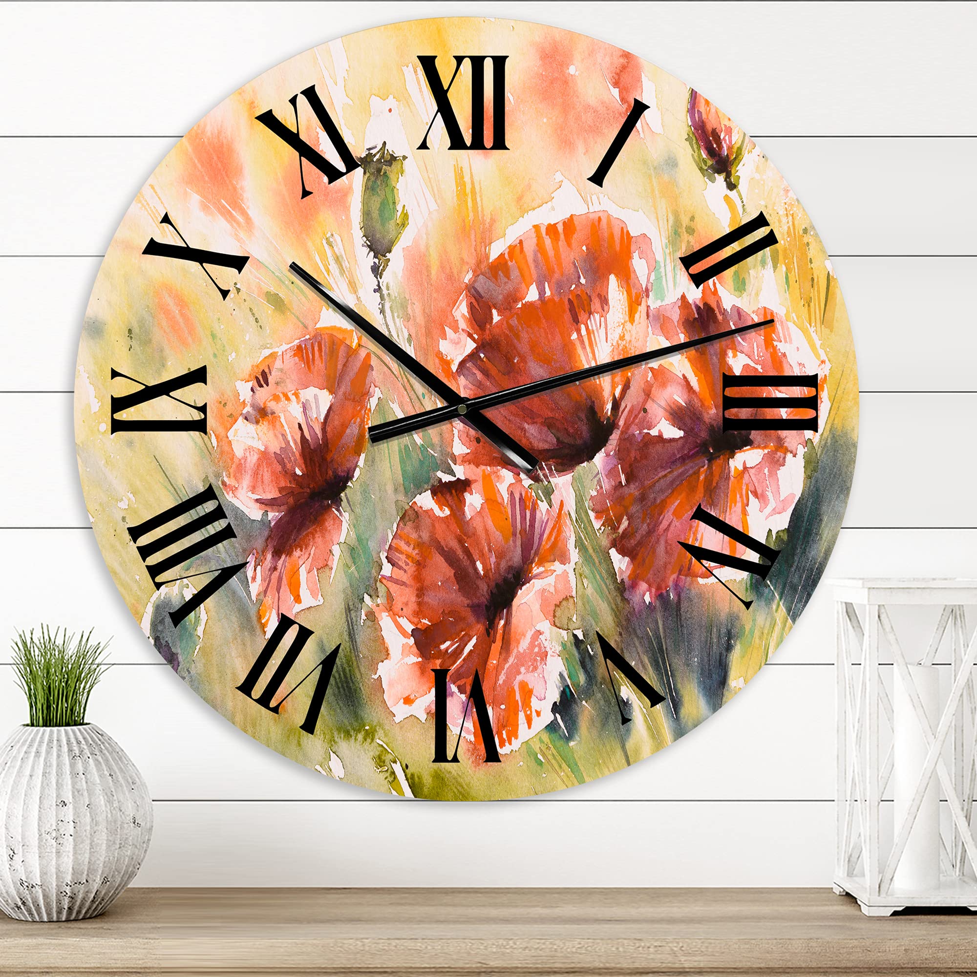 DesignQ Traditional Wall Clock 'Red Poppy On A Field' - Large Floral & Botanical Wall Clock for Home, Office, Living Room, Bedroom Decor | Perfect for Farmhouse, Vintage & Modern Interior Design