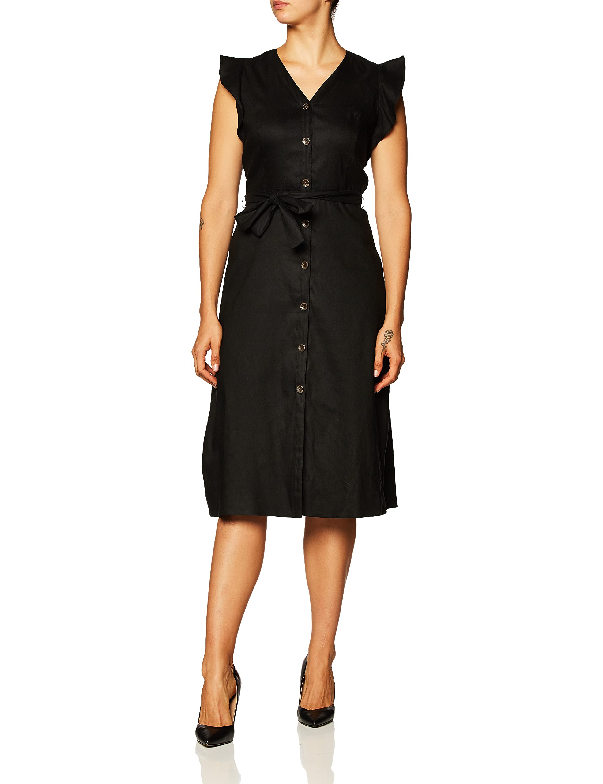 Calvin Klein Women's Linen V-Neck Midi Dress - Size 10 Black | Summer Casual Dress for Beach, Office & Date Night