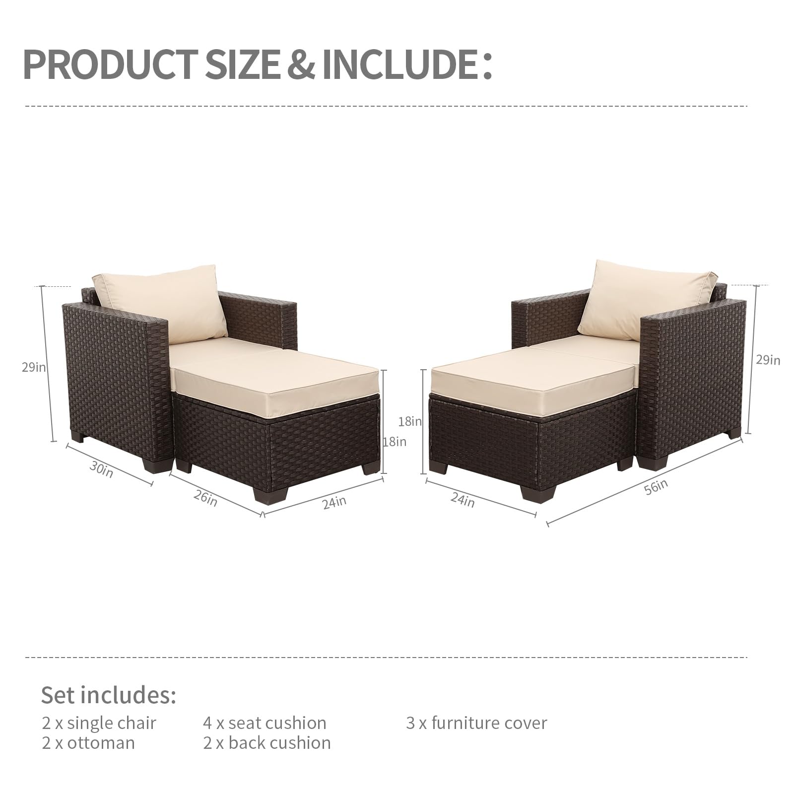 Rattan Wicker Patio Furniture Set 4-Piece Outdoor Conversation Set with Chairs, Ottoman Footrest, Non-Slip Cushions & Waterproof Covers - Khaki - Perfect for Backyard, Garden, Poolside & Patio Relaxation
