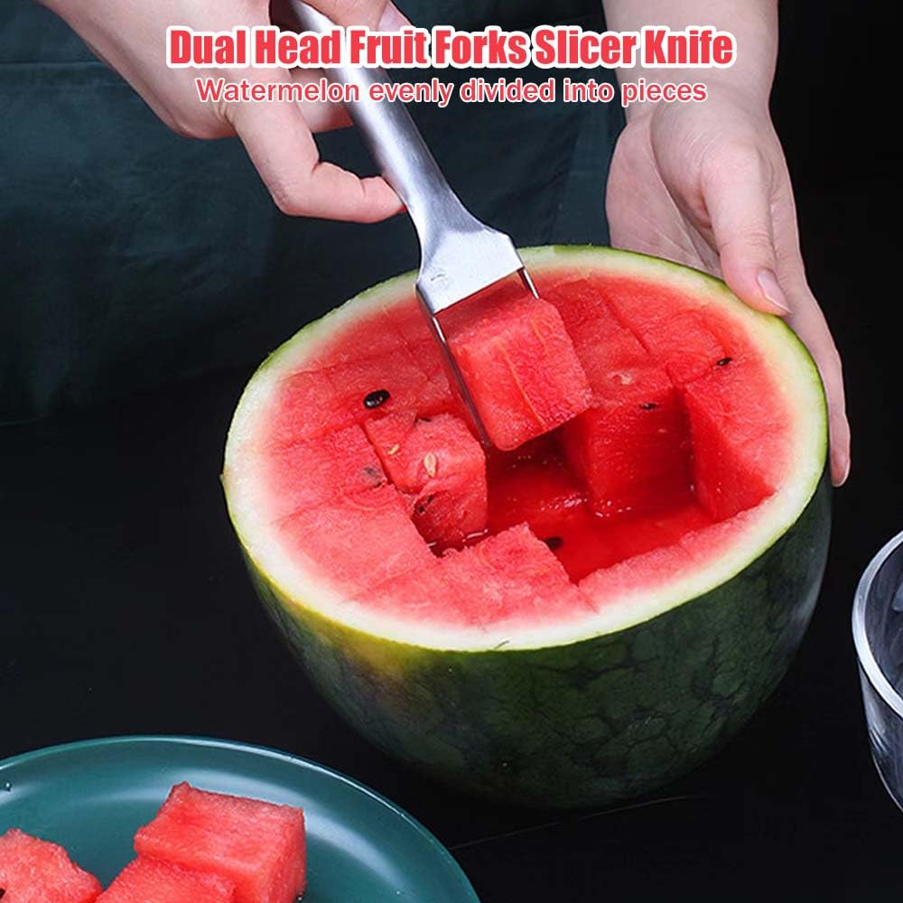 2024 New 2-in-1 Stainless Steel Fruit Cutter - Dual Head Watermelon Slicer & Fork Tool Set (2Pcs) - Perfect for Picnics, BBQs, and Summer Fruit Parties
