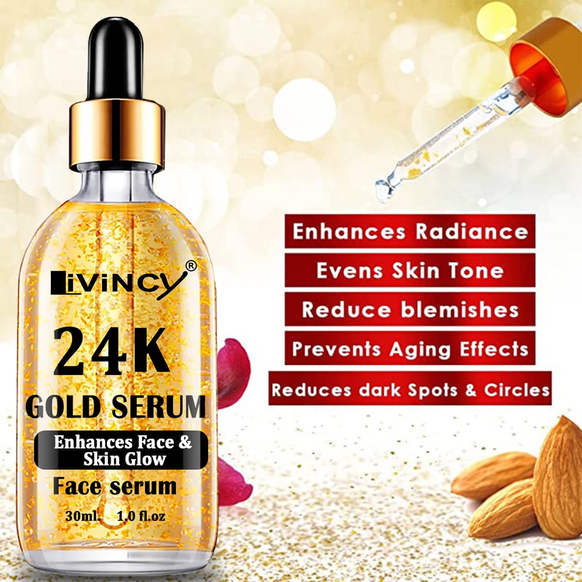 LIVINCY 24K Goldzan Serum - 99.9% Pure Gold Anti-Aging Face Serum for Wrinkles & Fine Lines | 30ml Luxury Skincare for Night & Day Use