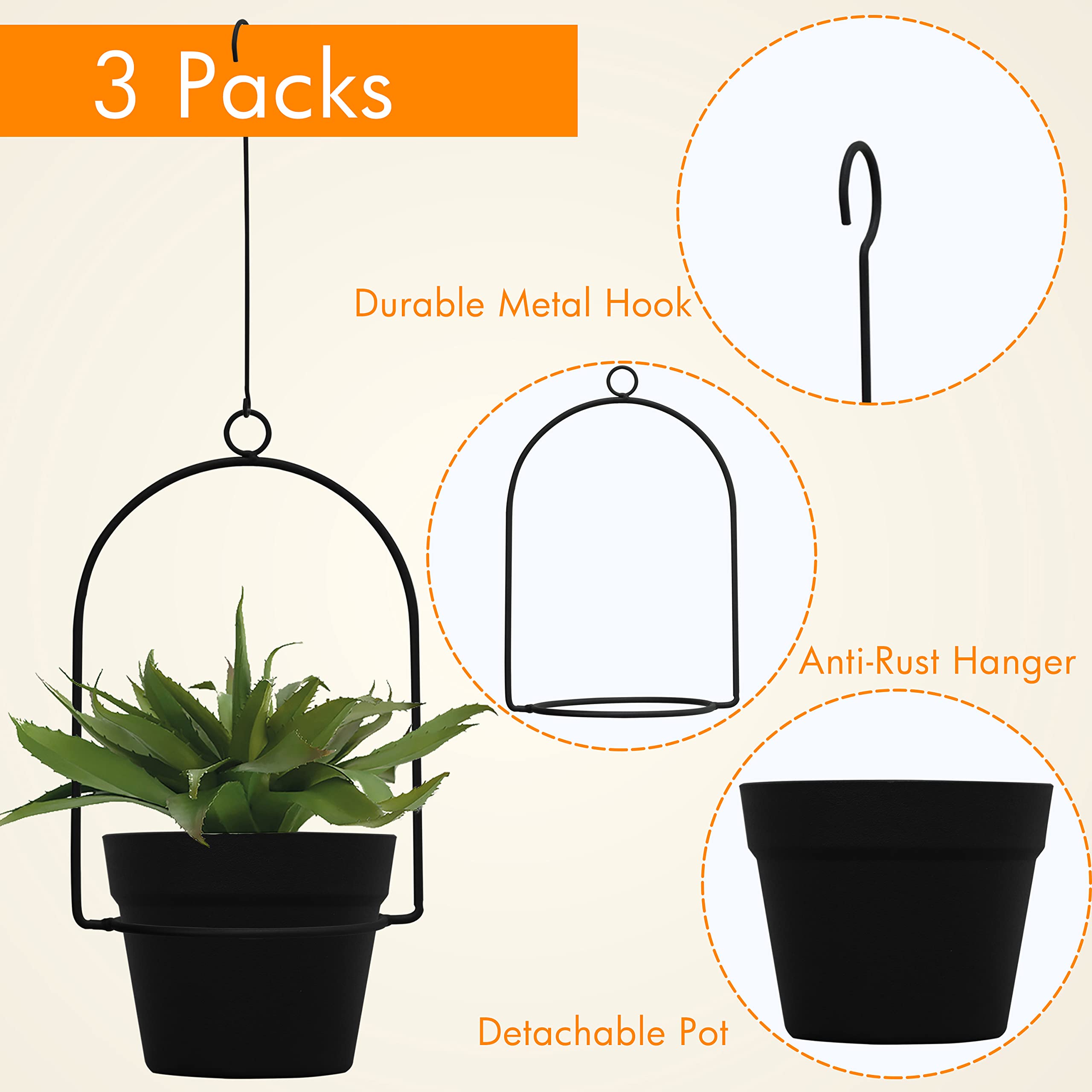 Gardzen 3 Pack Hanging Planters for Indoor & Outdoor Use - Black Flower Pots with Hangers for Plants, Flowers, Herbs - Perfect for Balcony, Patio, Garden, and Home Decor