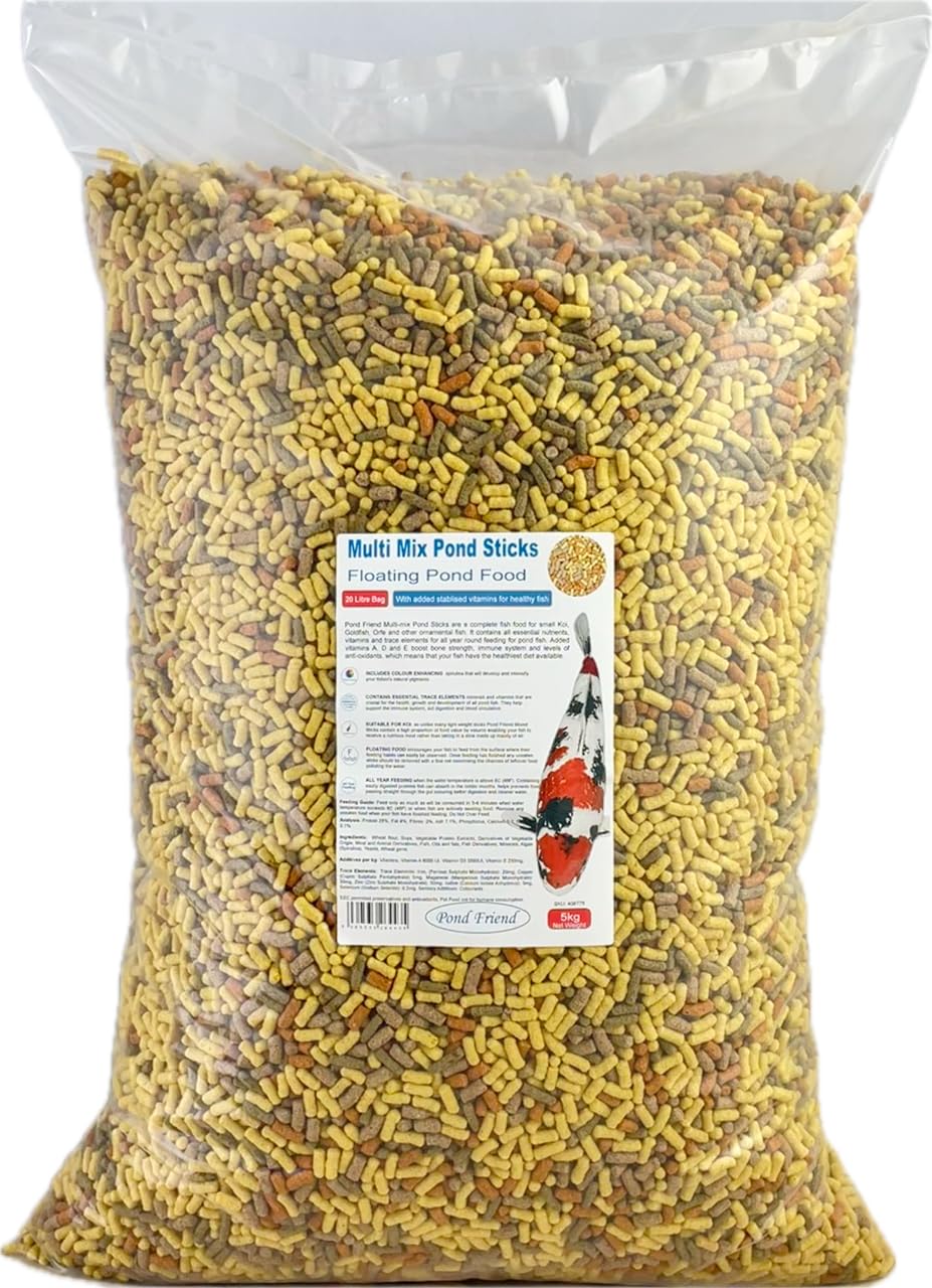 Premium Pond Friend Multi-Mix Fish Food Sticks - Balanced Nutrition for Koi & Colorful Pond Fish (5kg/20L) - Ideal for Outdoor Ponds, Water Gardens & Aquaculture Feeding