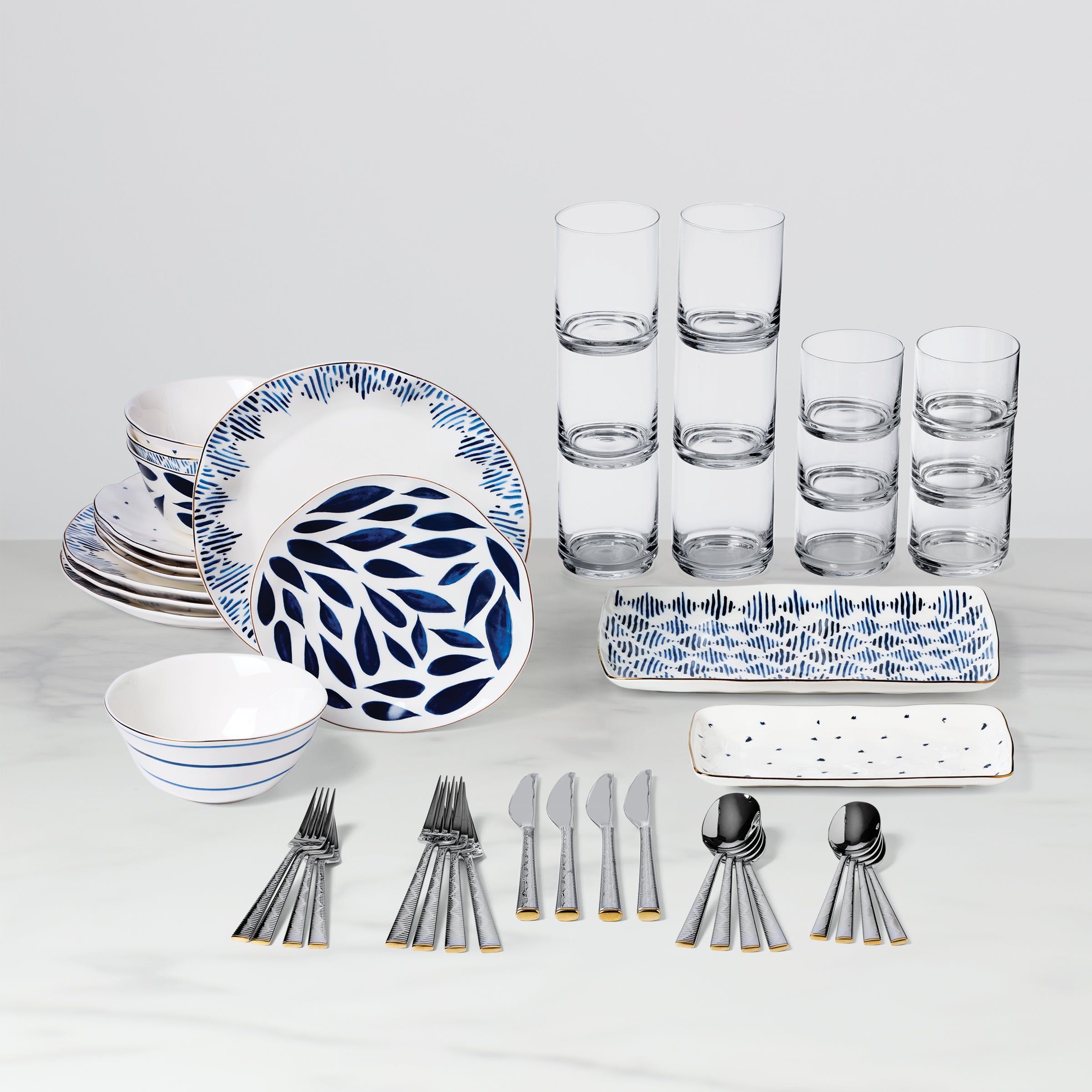 Blue Bay 46-Piece Dinnerware Set - Porcelain Dinner Plates, Bowls, Cups & Saucers for 8 People - Elegant Tableware for Everyday Dining, Parties & Special Occasions