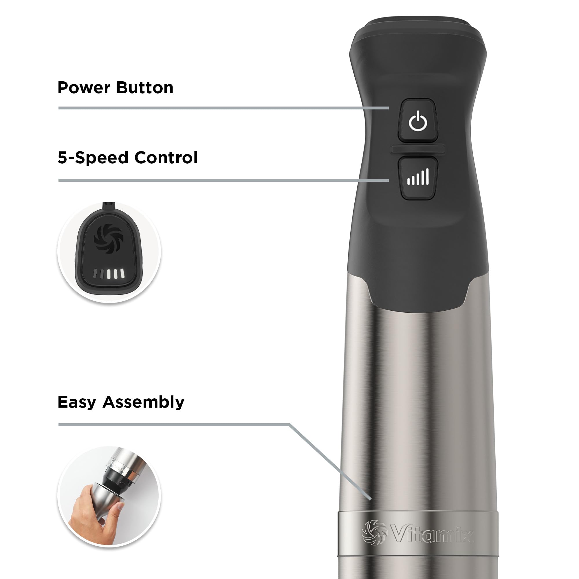 Vitamix 5-Speed Hand Blender with 625-Watt Powerful Motor - One-Handed Operation, 5 ft Long Cord, Stainless Steel & Black Design - Perfect for Smoothies, Soups, Sauces, and Baby Food at Home
