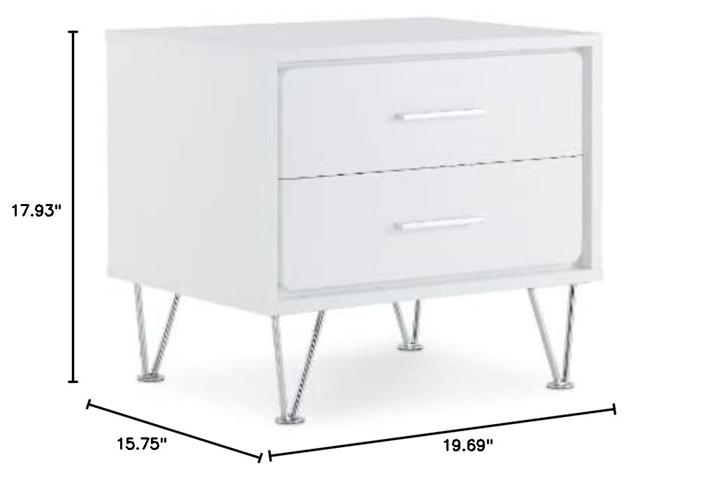 HomeRoots 2-Tier White Wooden Drawer Chrome Nightstand - Modern Bedside Table for Bedroom with Storage Space | Perfect for Small Spaces, Apartments & Guest Rooms