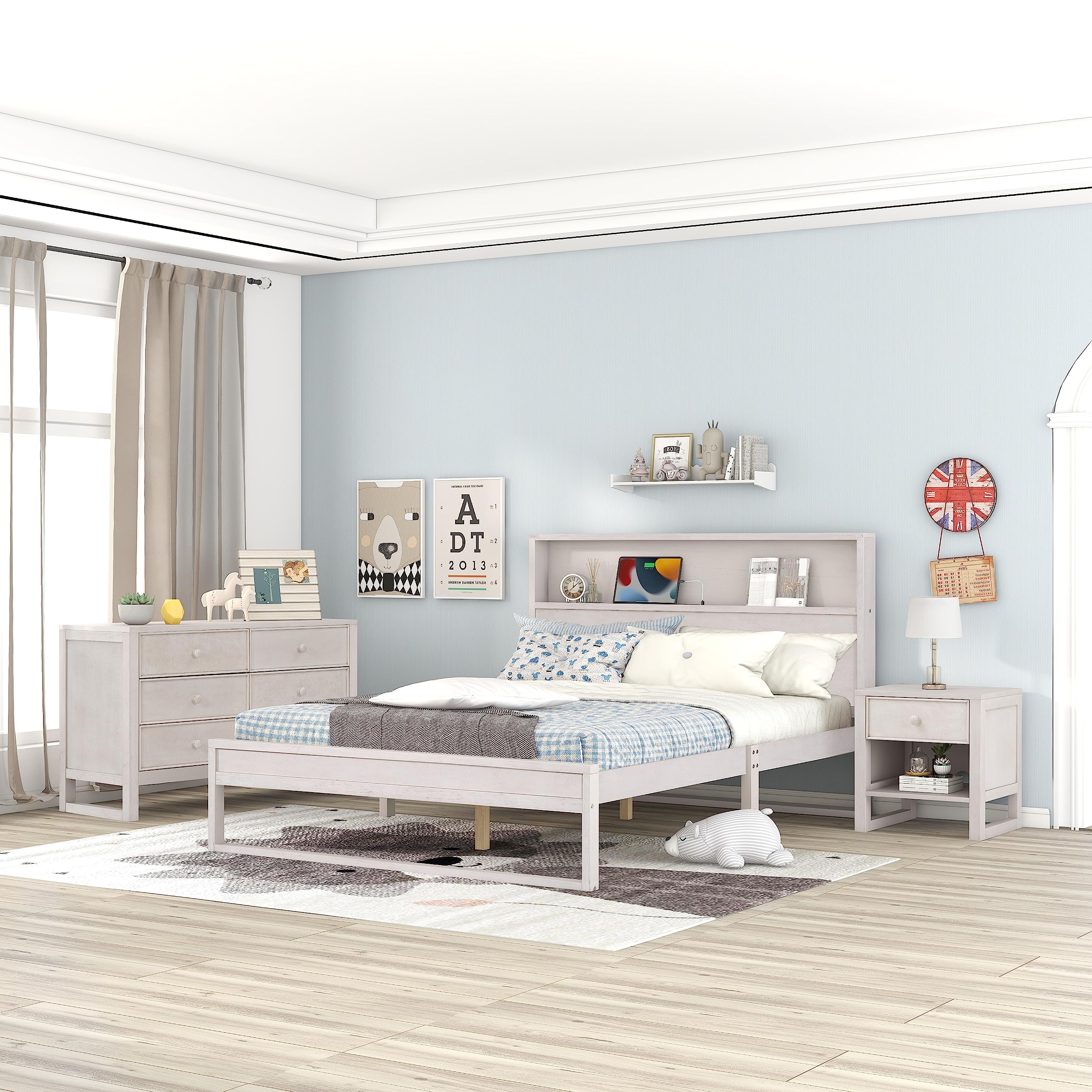 3-Piece Solid Wood Queen Platform Bed Set with Dresser & Nightstand - Antique White Bedroom Furniture for Modern Homes | Perfect for Small Spaces & Guest Rooms