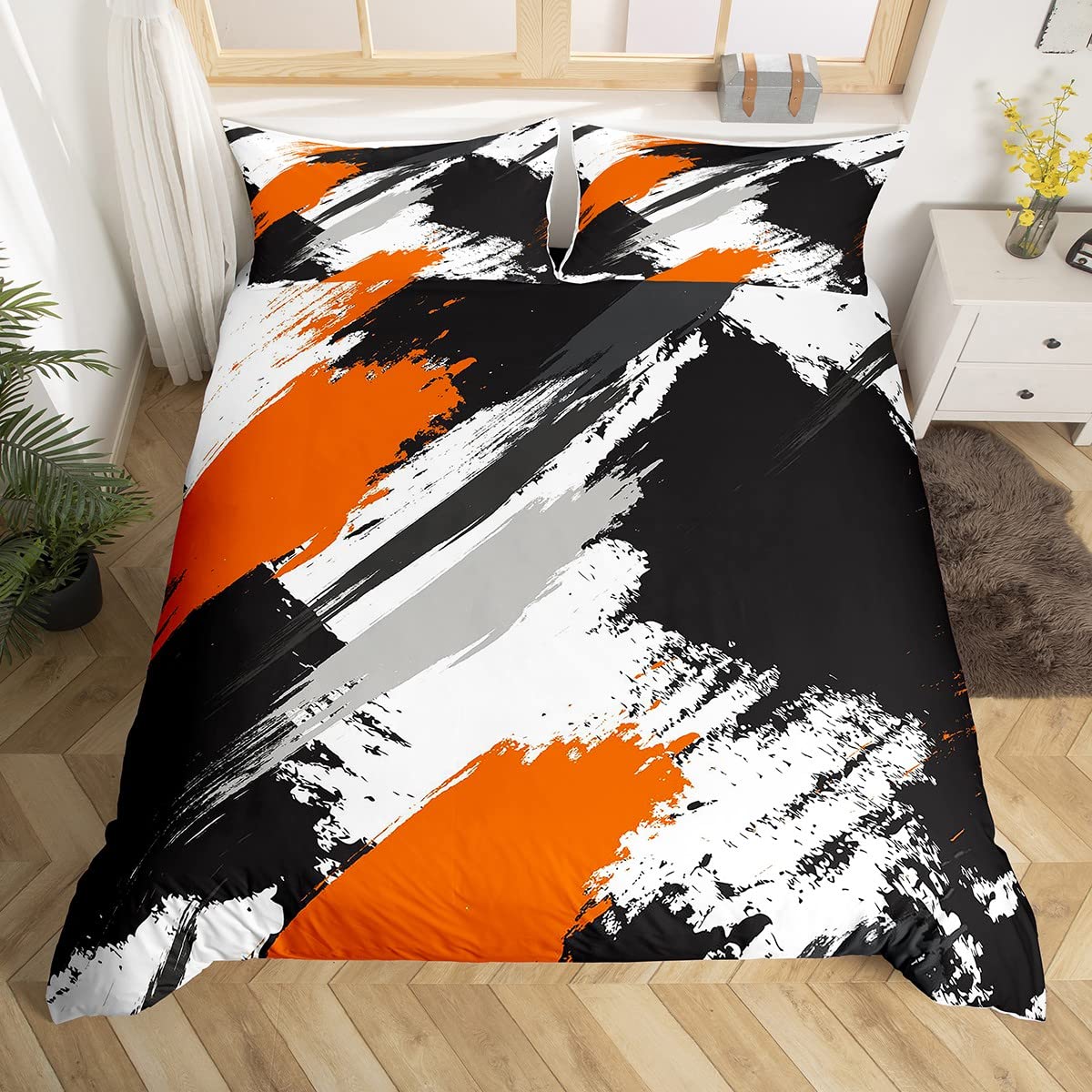 Hipple Graffiti Bedding Set Twin Size, Abstract Street Art Duvet Cover with 1 Pillow Sham - Black White Orange Comforter Cover for Kids & Boys - Modern Urban Bedroom Decor 2 Piece Set - Perfect for Teen Rooms, Dormitories & Contemporary Home Styling