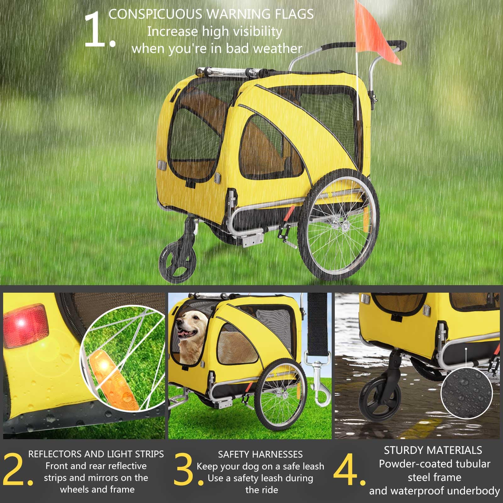 Sepnine 2-in-1 Large Dog Bike Trailer & Pet Stroller - Foldable Frame with Hand Lock Brakes, Universal Bicycle Coupler (Yellow) - Perfect for Cycling Adventures & Outdoor Walks with Your Dog