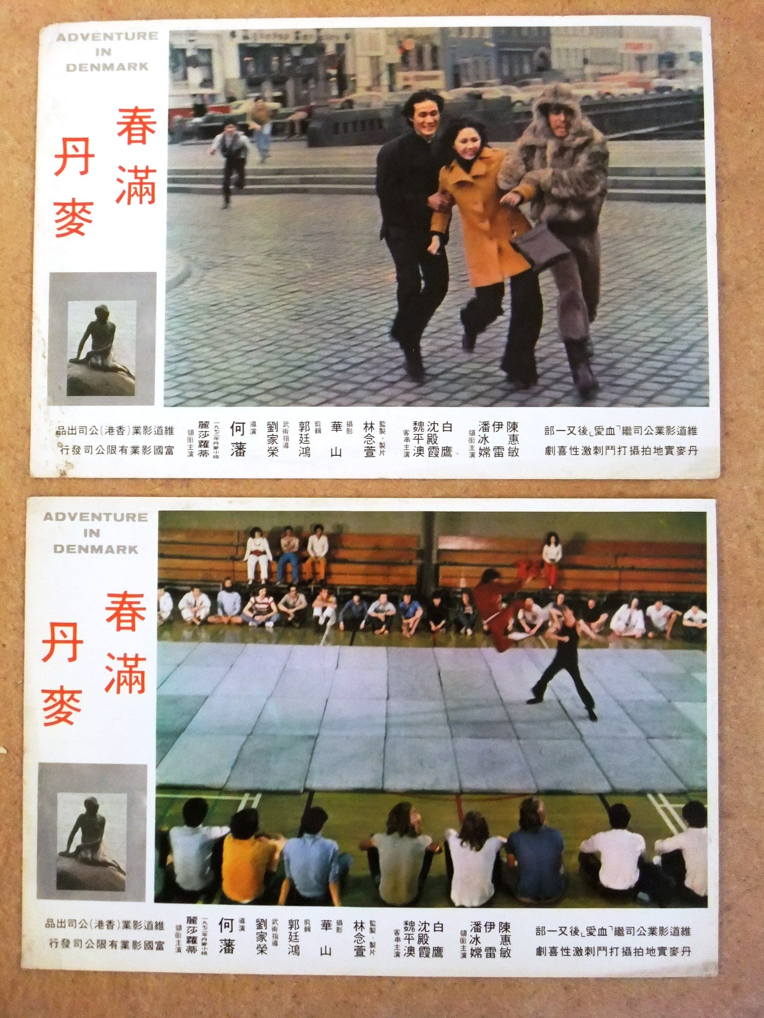 Vintage 1970s Kung Fu Movie Lobby Card Set (2-Pack) - Adventure in Denmark Starring Michael Wai Man - Perfect for Martial Arts Film Collectors & Home Theater Decor