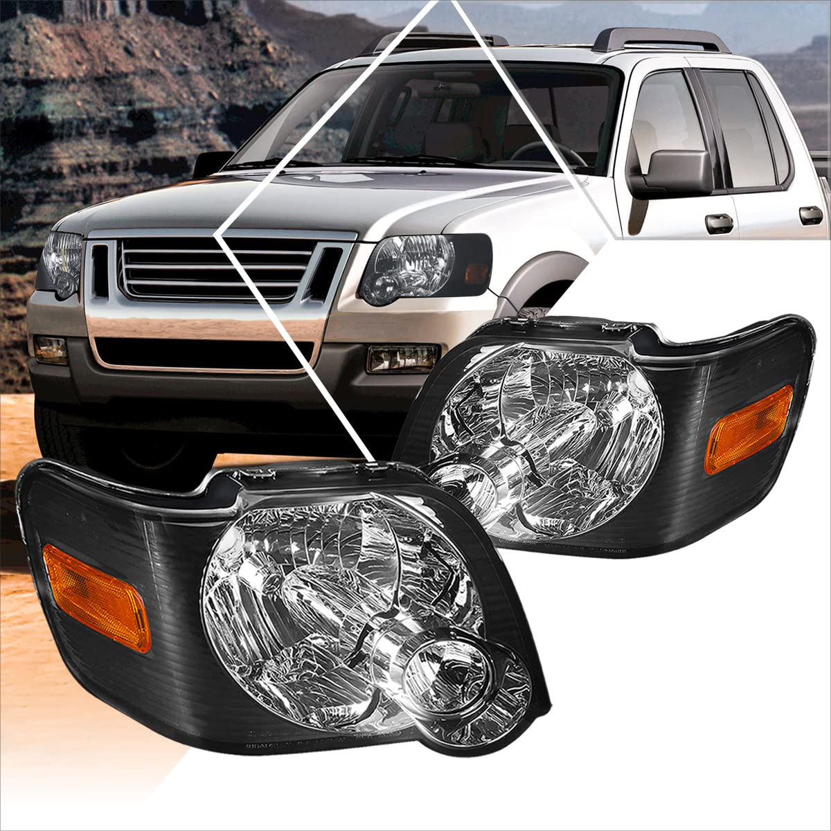Ford Explorer 06-10 Replacement Headlight Assembly - Smoked Lens with Amber Corner | Perfect for Night Driving & Off-Road Adventures