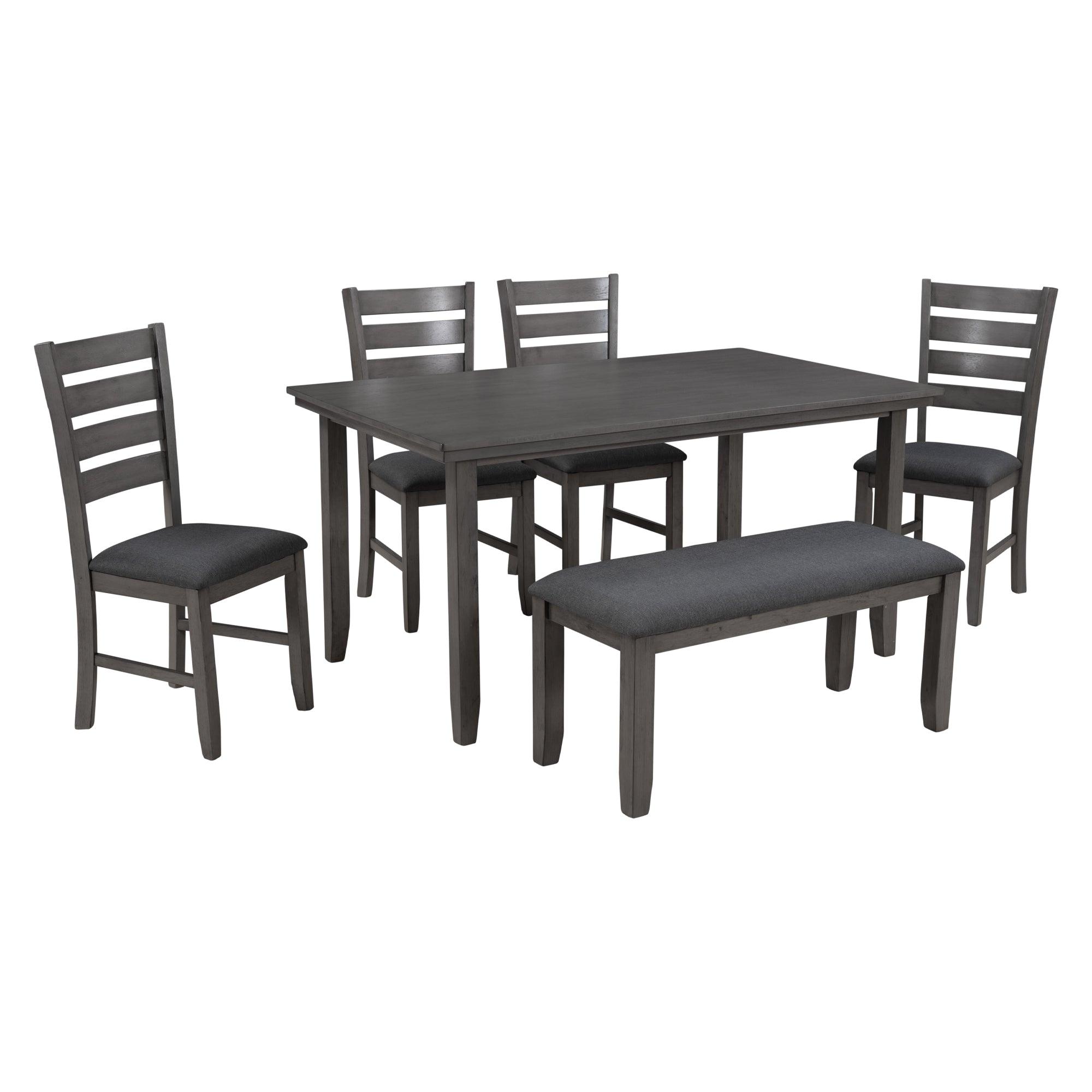 Rustic Wood Dining Room Table and Chairs Set with Bench - 6 Piece Gray Farmhouse Kitchen Furniture for Family Gatherings & Dinner Parties