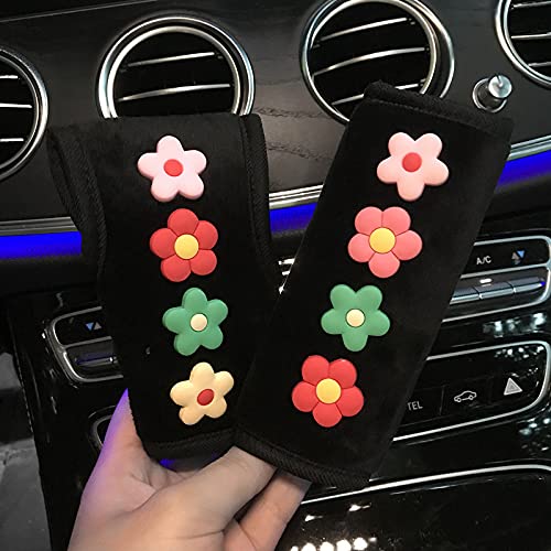 Cute Daisy Flower Car Steering Wheel Cover & Seat Belt Pad - Soft Gear Shift Cover for Women, Girls Auto Interior Accessories | Perfect for Summer Road Trips & Daily Commute