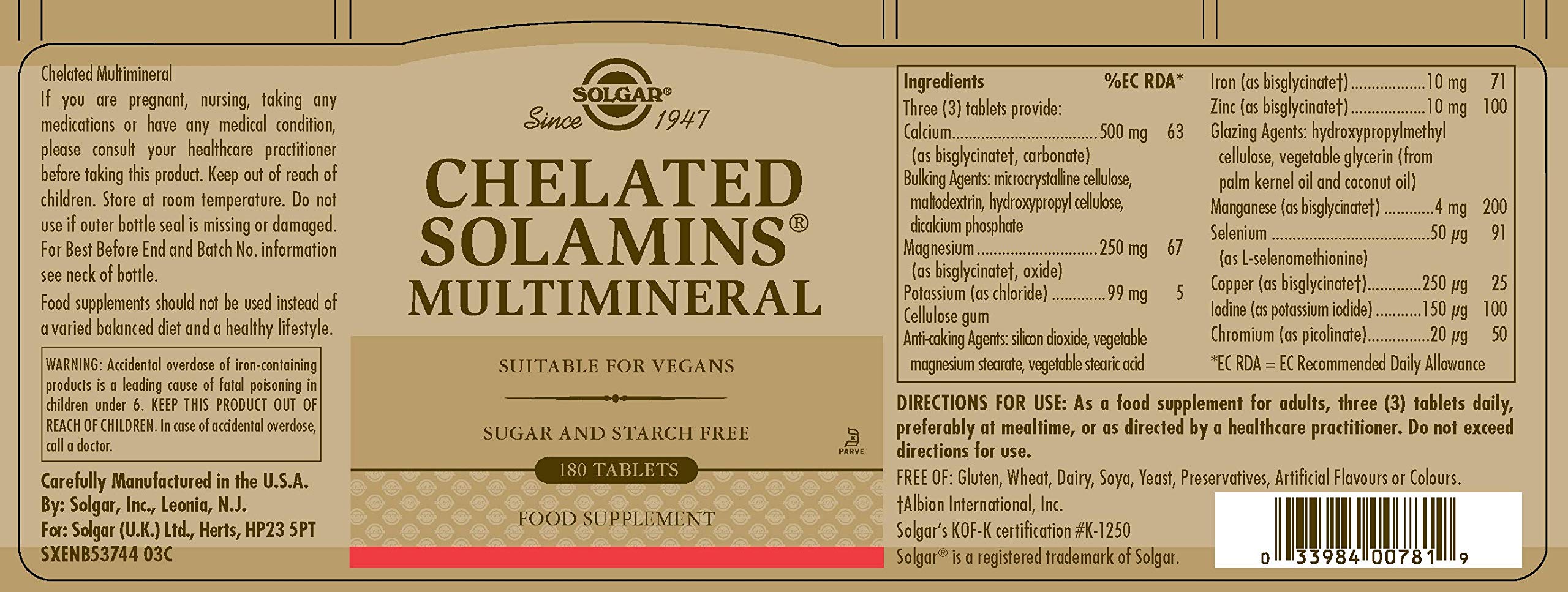 Solgar Chelated Multimineral Tablets with Essential Vitamins & Minerals - 180 Count for Daily Wellness & Immune Support