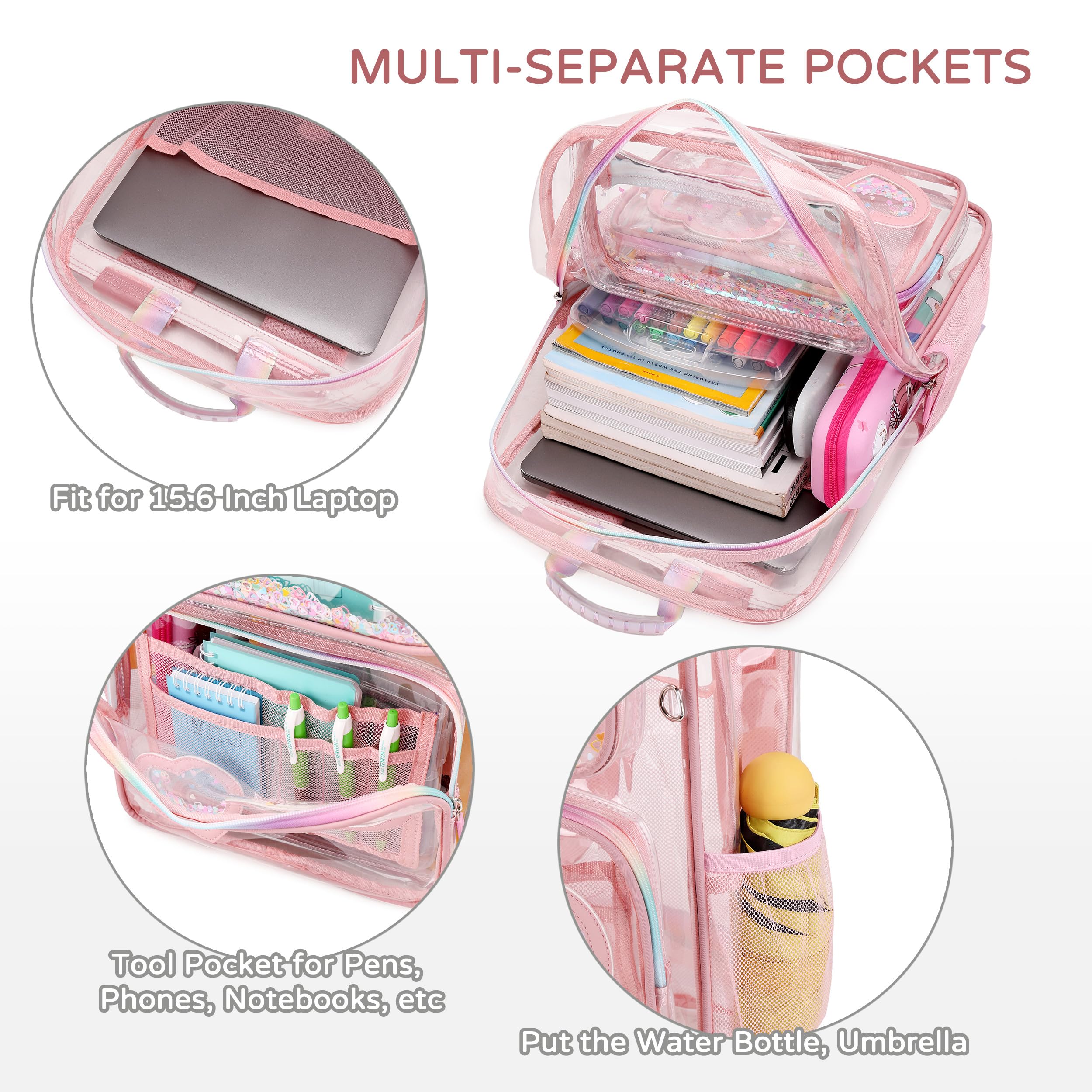 Clear Backpack for School & Travel - Transparent Stadium Approved Bookbag for Girls, Kids, Women & Teens | Pink See-Through Daypack for Elementary, Middle & College Students | Fits Laptops & Essentials (Perfect for School, Work, Travel & Stadium Events)
