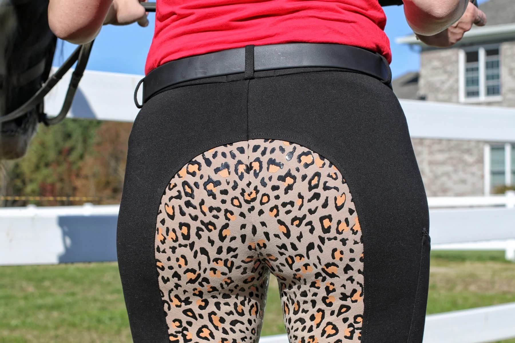 Women's Equestrian Riding Pants - Mid-Waist Breeches with Phone Pocket for Horseback Riding & Training - Black/Leopard