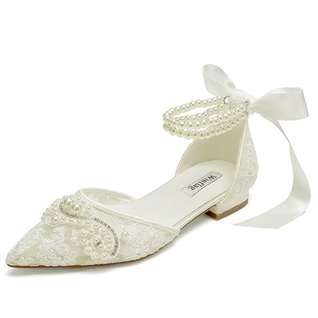Pearl Wedding Shoes for Bride - Elegant Lace Bridal Flats with Pointed Toe | Perfect for Wedding Ceremony, Reception & Photoshoot