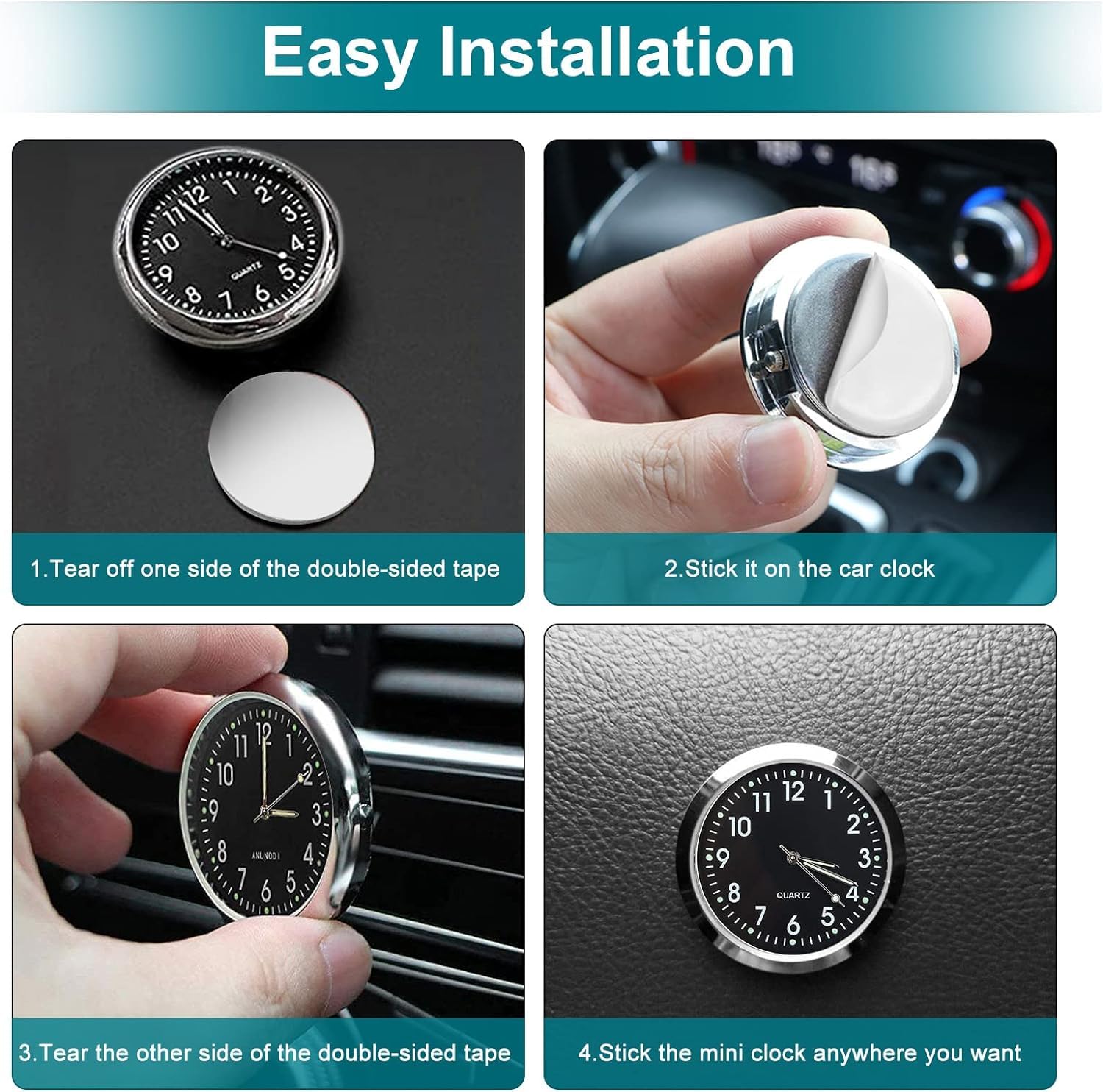 Mini Car Dashboard Clock - Luminous Stick-On Quartz Clock for Cars, Boats & Bikes | Air Vent Clip, Pocket-Sized Replacement Clock | Perfect for Night Driving, Road Trips & Marine Use
