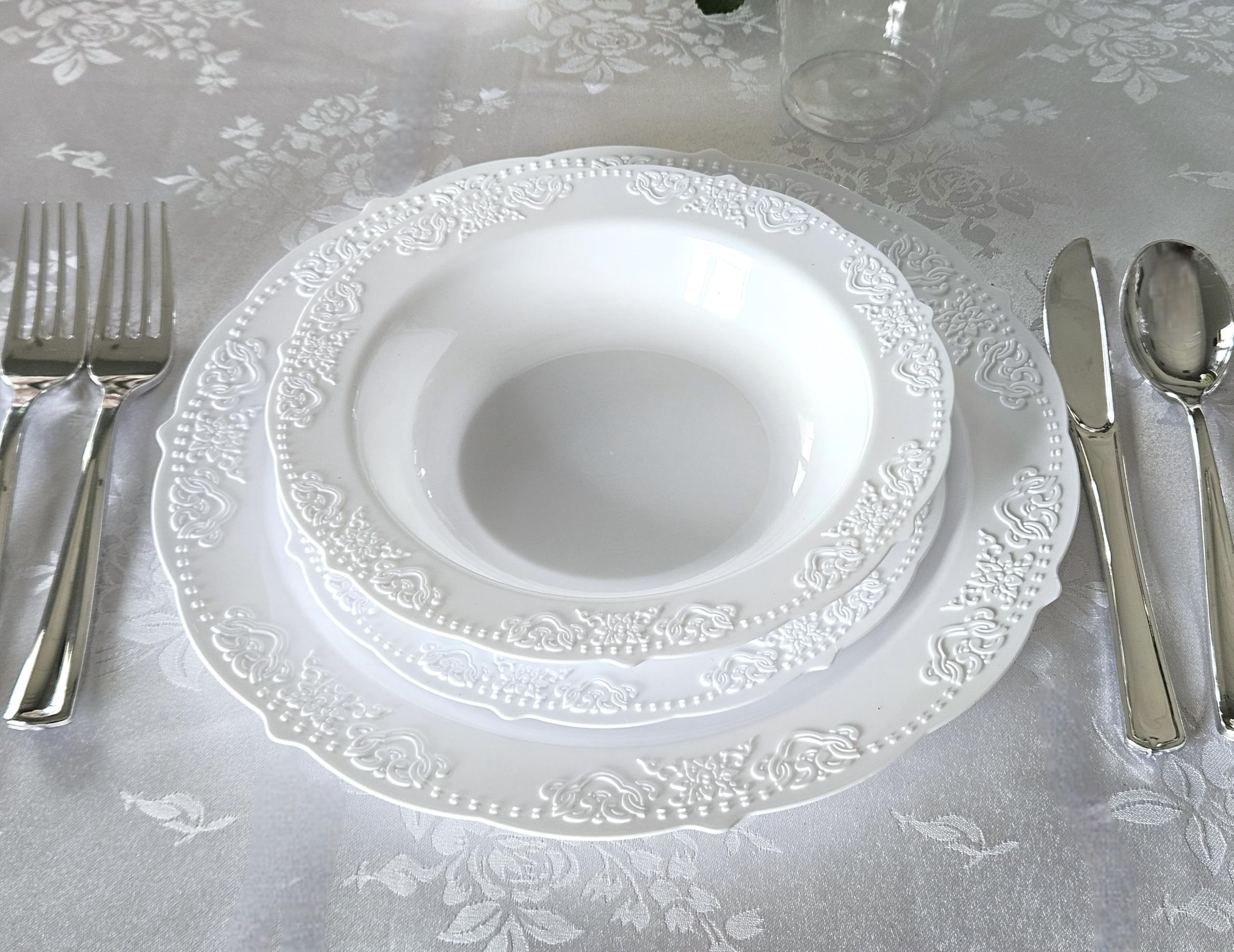120-Piece Vintage Style Disposable Plastic Plates & Bowls Set - 10oz White Soup Bowls for Wedding, Party & Special Occasions | Elegant Dinnerware for Catering, Picnics & Events