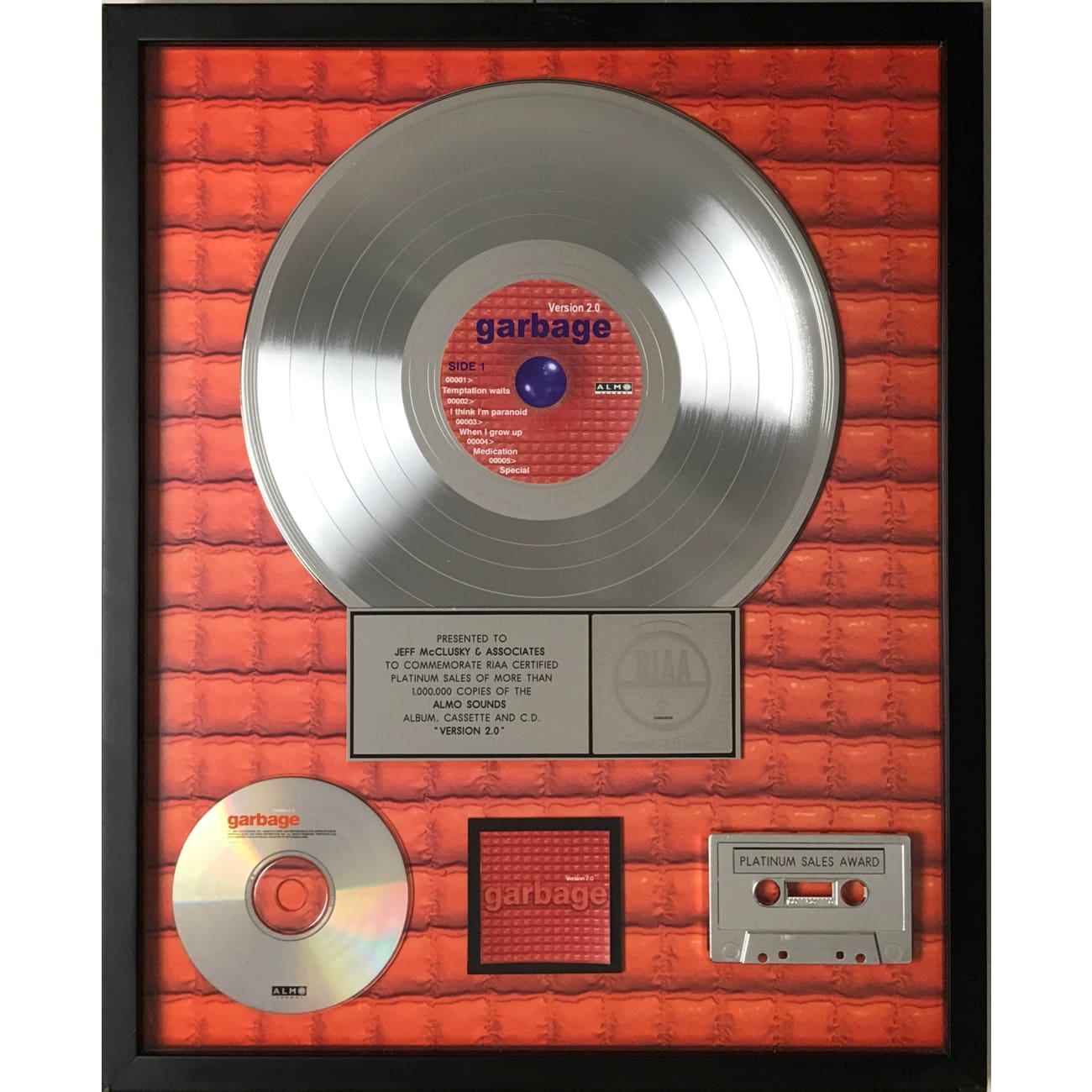 Garbage Version 2.0 RIAA Platinum Album Award - Official Music Record Certification Plaque - Perfect for Music Collectors & Band Memorabilia Displays