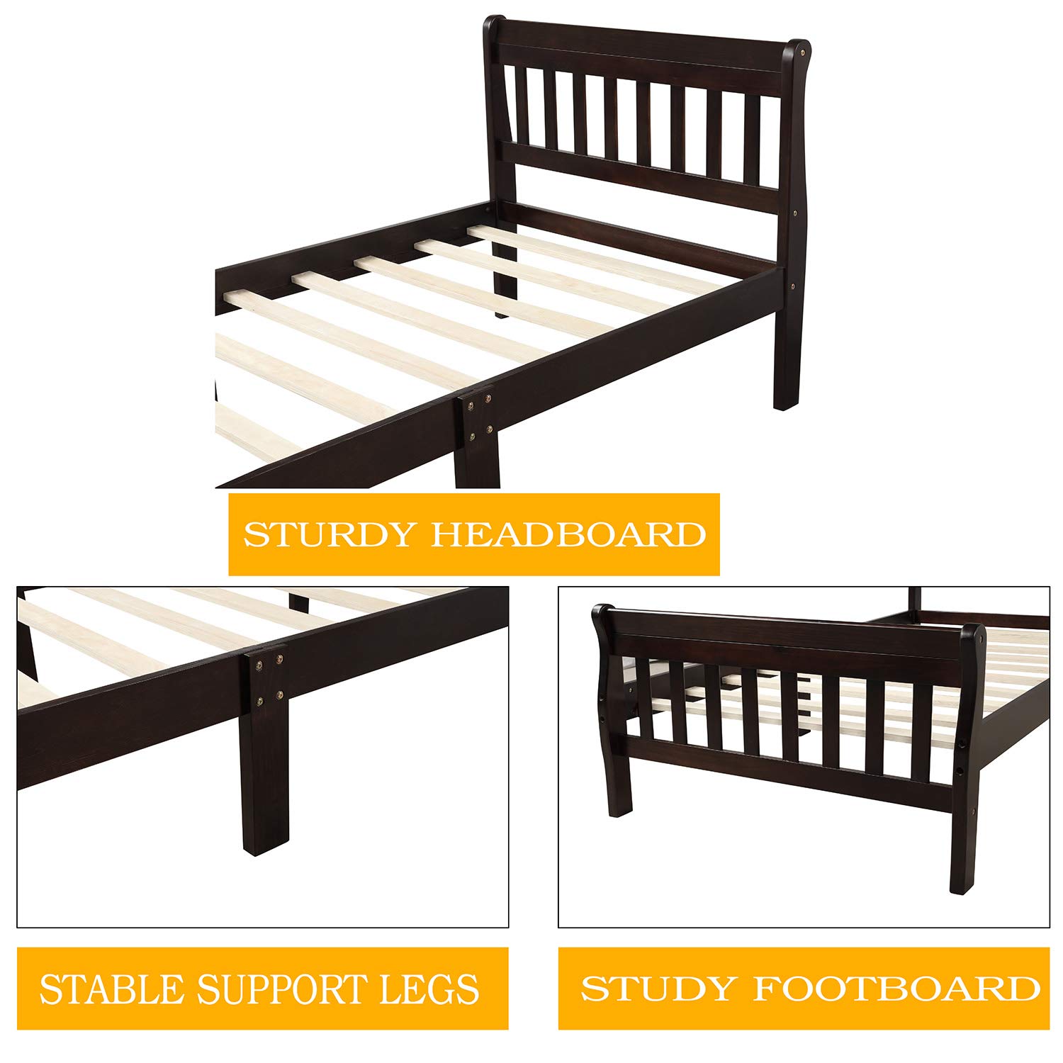 Harper & Bright Designs Modern Wood Twin Sleigh Bed for Kids - Sturdy Platform Bed Frame with Headboard & Footboard, Wood Slat Support (No Box Spring Needed) - Perfect for Kids' Bedrooms, Guest Rooms & Small Spaces