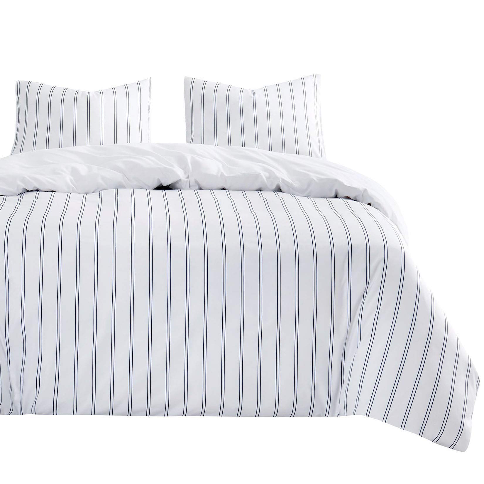 Wake In Cloud - Striped Comforter Set, Ticking Stripe Vertical Pinstripe Neutral Farmhouse Pattern Printed, Soft Lightweight Bedding, 3 Pieces, Navy White, Queen Size - Perfect for Farmhouse, Coastal & Modern Bedroom Decor