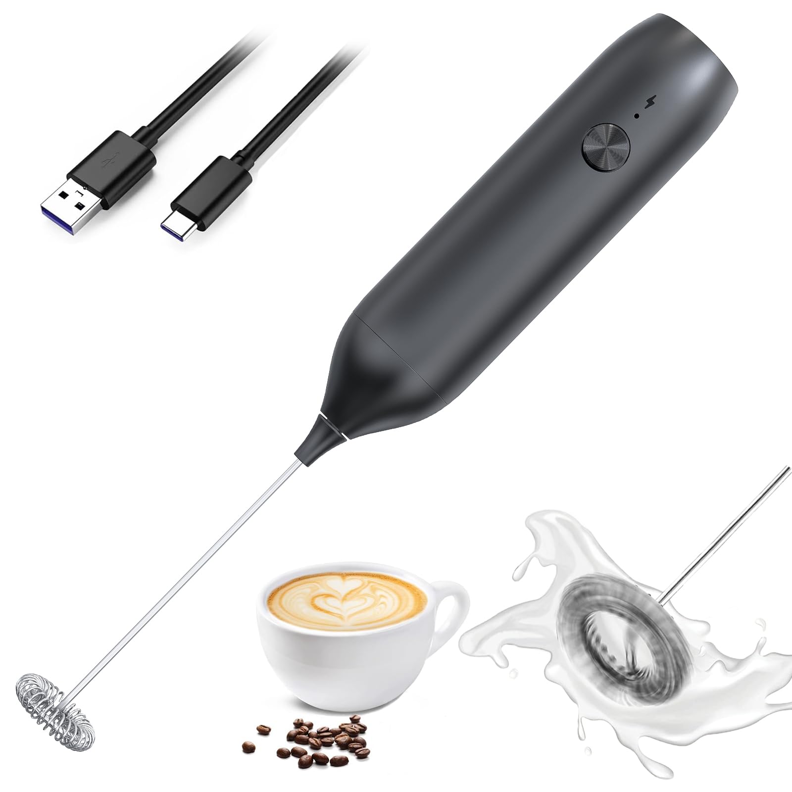 USB-C Rechargeable Milk Frother Wand - Handheld Electric Drink Mixer & Whisk for Coffee, Lattes, Matcha, Cappuccino, Frappe, Hot Chocolate - Perfect for Home Baristas & Coffee Lovers
