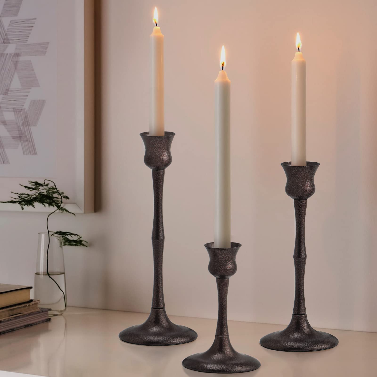 3-Pack Metal Candlestick Holders Set - Elegant Taper Candle Stand for Table Centerpiece, Fireplace Mantel & Holiday Decor - Perfect Wedding, Thanksgiving, Christmas & Housewarming Gift - Ideal for Romantic Dinners, Cozy Evenings & Festive Celebrations