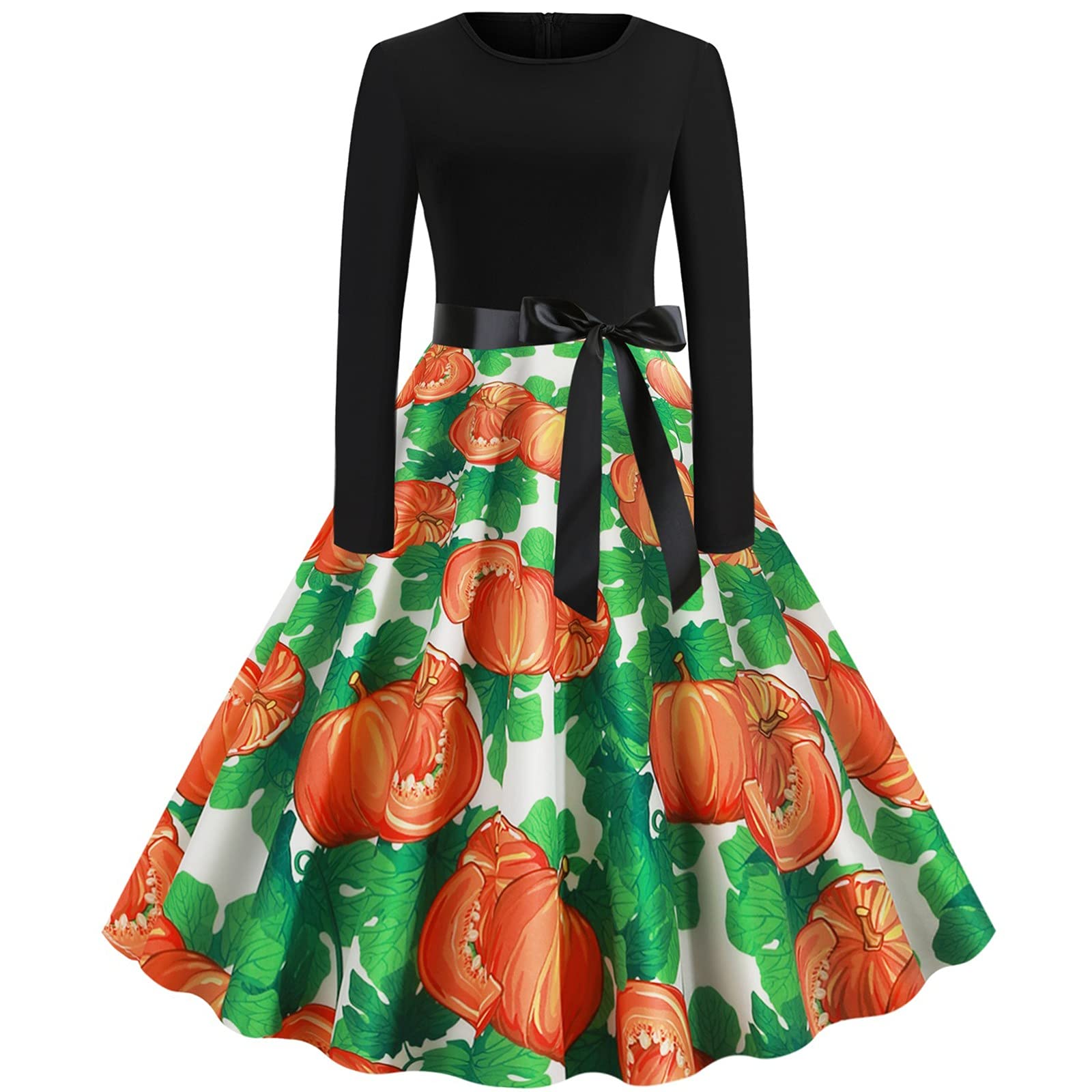 Women's Green Long Sleeve Halloween Dress with Skeleton & Pumpkin Print - Elegant Fancy Costume for Parties, Cosplay & Spooky Events