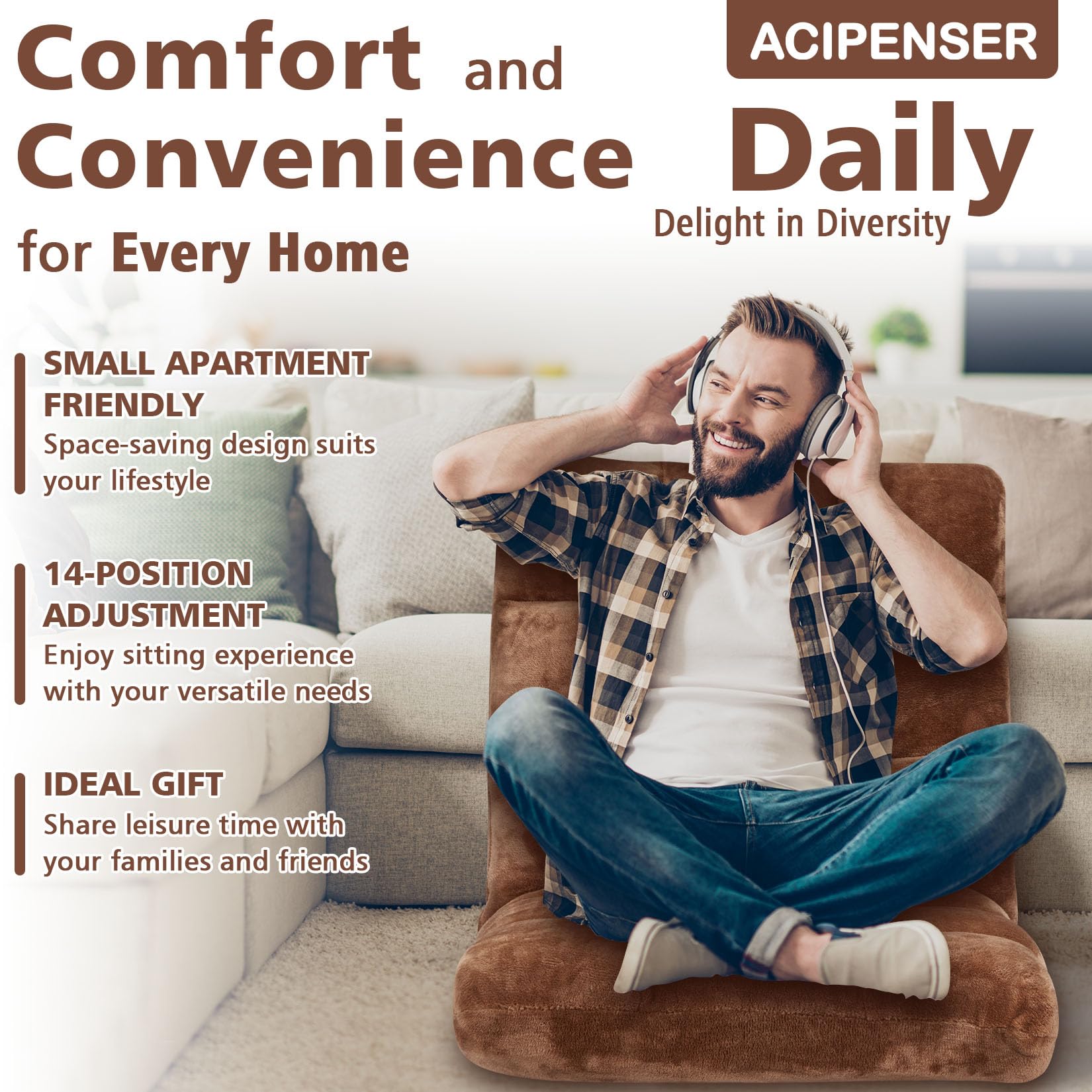 14-Position Adjustable Folding Floor Chair with Cushion - Breathable Cotton & Skin-Friendly Flannel Lazy Sofa for Adults & Kids - Perfect for Reading, Meditation, Living Room, Bedroom & Small Spaces (Brown)