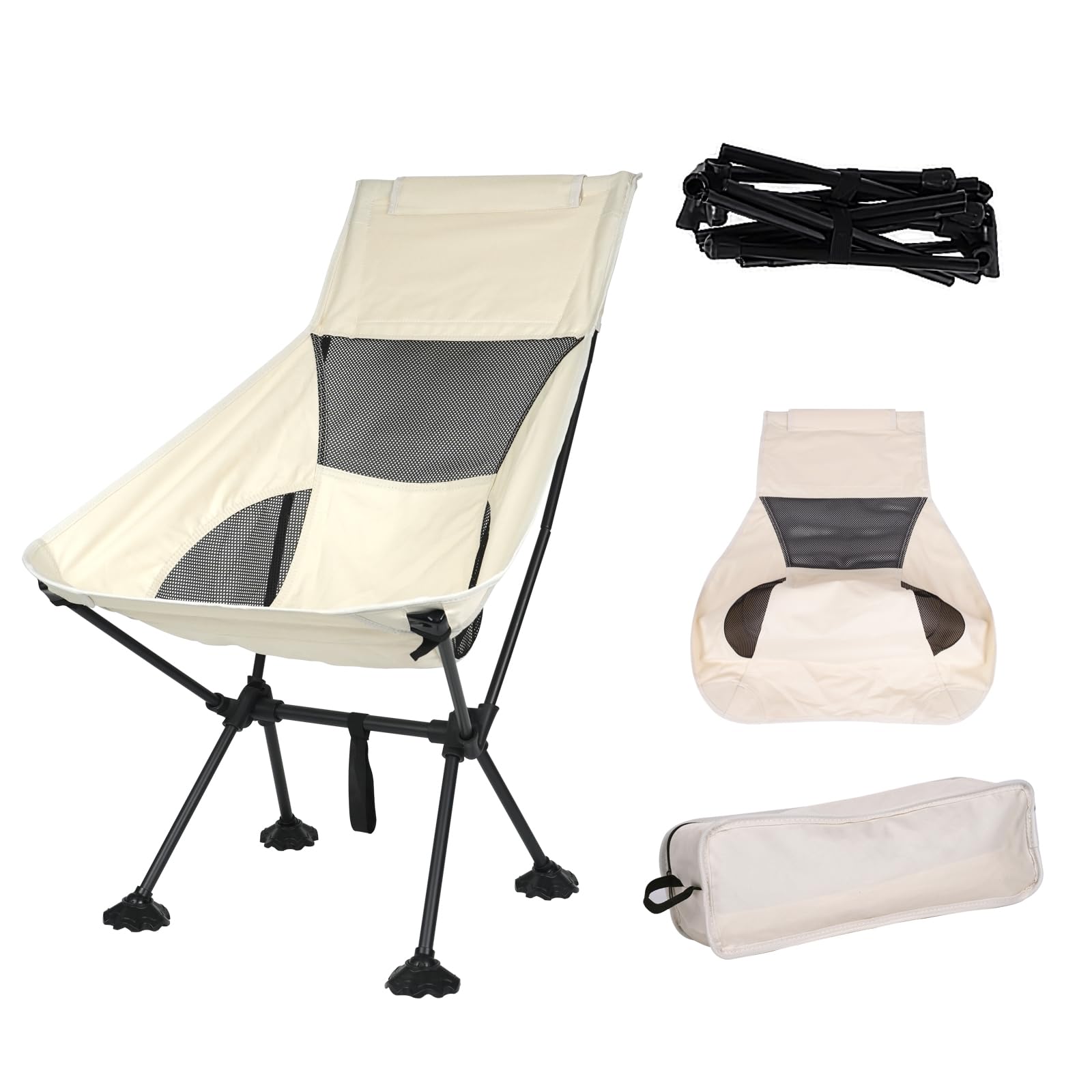 Ultralight High-Back Camping Chair - Portable Folding Backpacking Chair with Cup Holder & Storage Pouch, Supports 300 lbs - Compact Durable Outdoor Chair for Hiking, Camping, Beach, Picnic, Backyard, Fishing & Reading - White