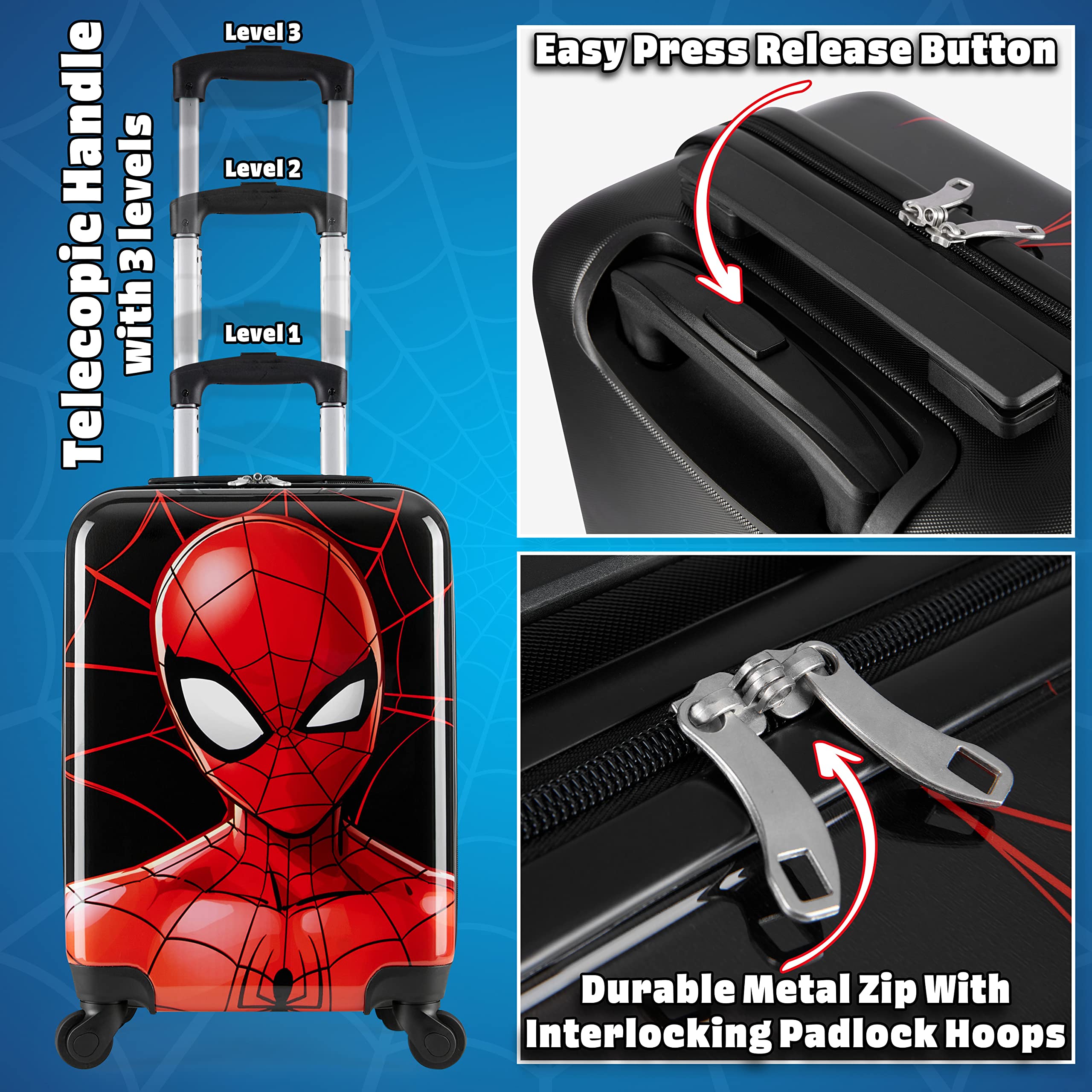 Marvel Spiderman Kids Carry-On Suitcase with Wheels & Handle - Lightweight Cabin Luggage for Boys Travel, School Trips & Airplane Adventures