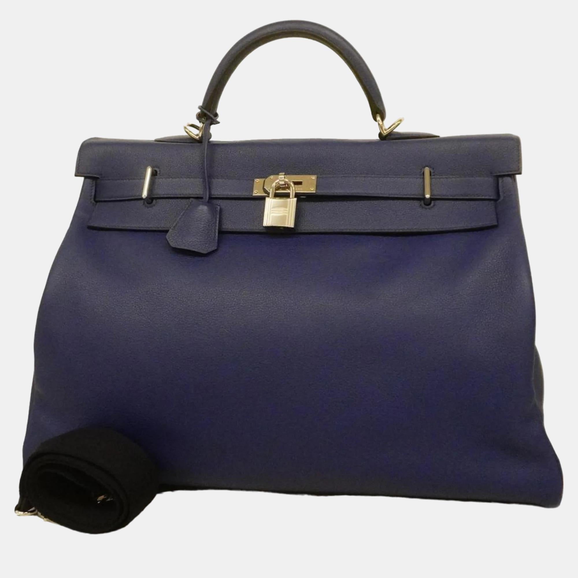 Biyo Blue Electric Taurillon Kelly 50 D Engraved Leather Ladies Handbag - Luxury Designer Shoulder Bag for Women, Perfect for Work, Parties & Special Occasions