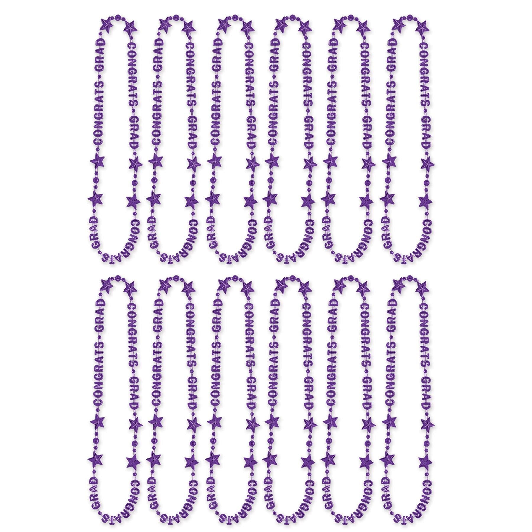 12 Pack Purple Graduation Bead Necklaces - Bulk Congrats Grad Party Supplies for Ceremony, School Events & Celebrations