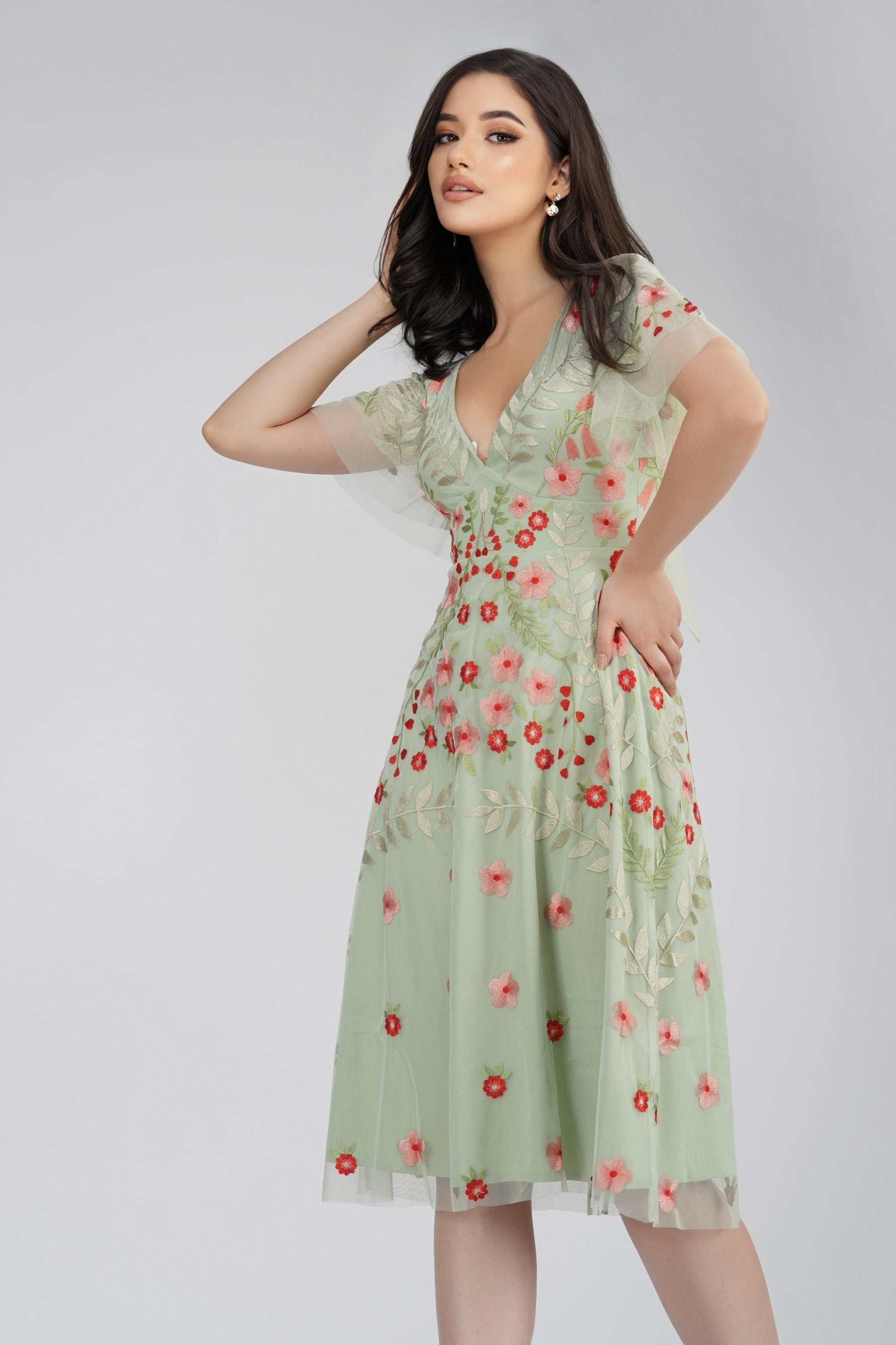 Elegant Calla Sage Green Embroidered Floral Dress for Women | Summer Wedding Guest Dress & Garden Party Outfit