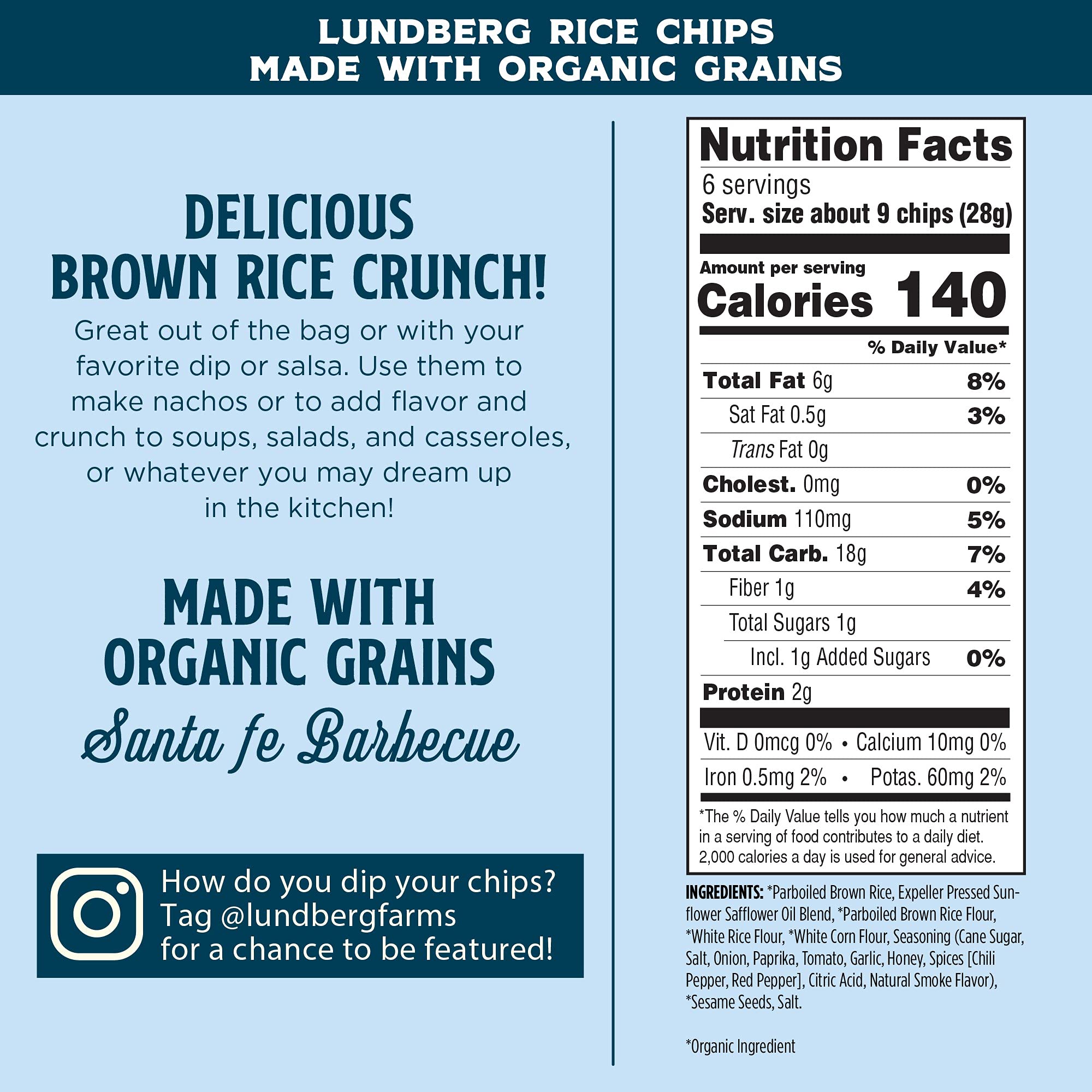 Lundberg Organic Rice Chips Santa Fe Barbecue Flavor - Gluten Free Snack, 6 Oz (Packaging May Vary) | Healthy Vegan Chips for Parties, Picnics & On-The-Go Snacking