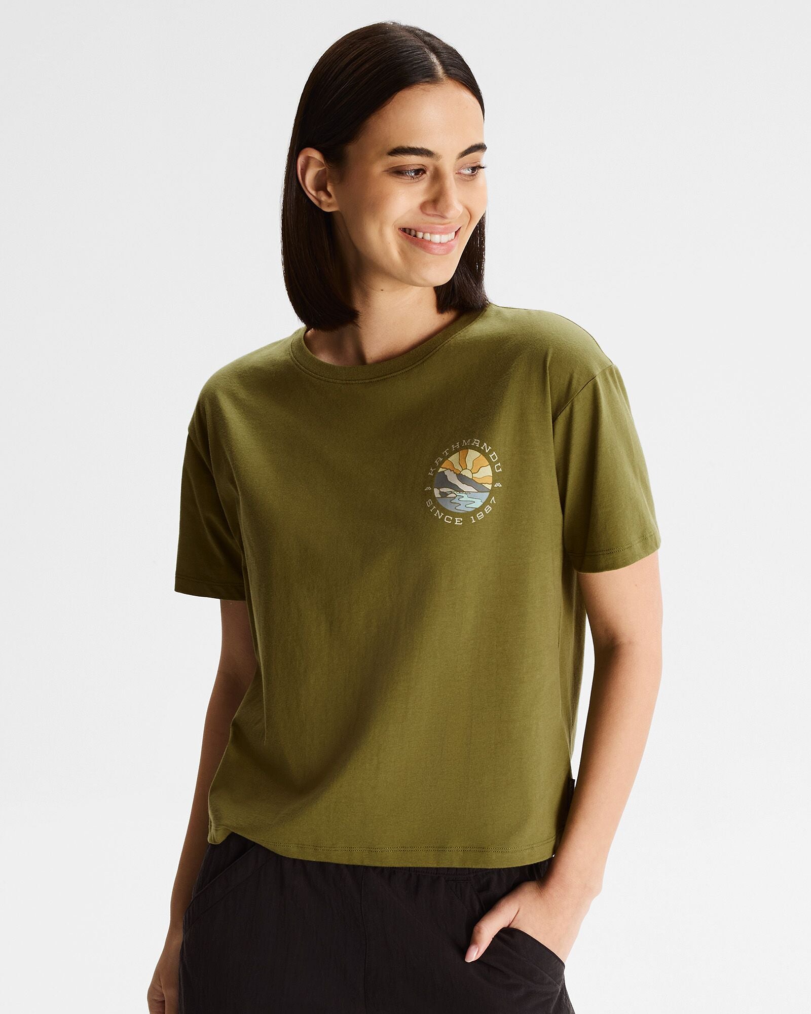 Women's Kathmandu Logo Sunburst Organic Cotton T-Shirt - Dark Fern | Eco-Friendly Casual Tee for Outdoor Adventures & Everyday Wear