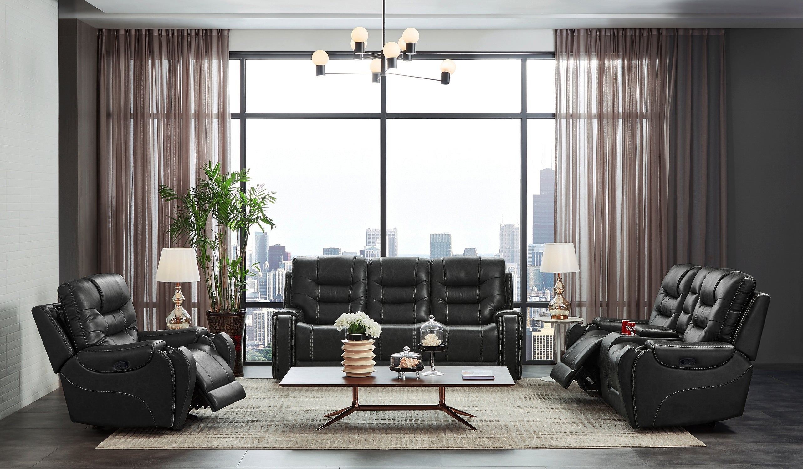 Rowena Modern Faux Leather Recliner Sofa Set - Smoke Gray - Comfortable Reclining Living Room Furniture for Home Theater & Family Relaxation