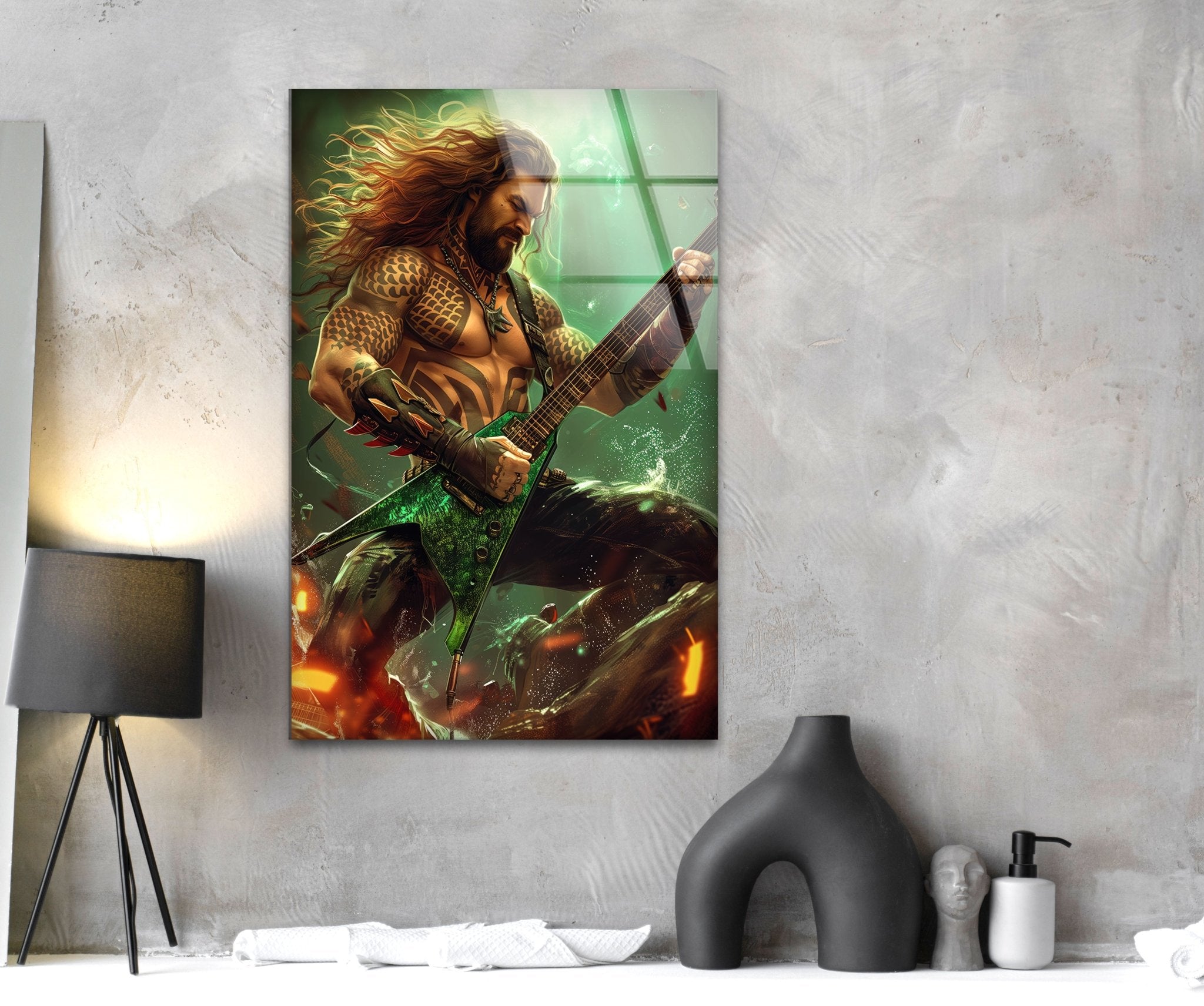 Aquaman Guitarist Glass Wall Art - Handmade Superhero Decor for Living Room, Bedroom & Office - Unique DC Comics Inspired Gift for Fans & Collectors