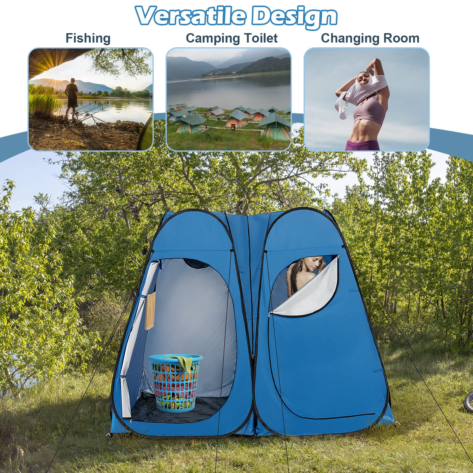 Goplus Pop Up Shower Tent - 7.5FT Portable Privacy Changing Tent with Window, Hanging Clothesline & Carry Bag | 2 Room Design with Ground Stake & Wind Rope | Ideal for Camping, Beach, Outdoor Shower & Changing Room