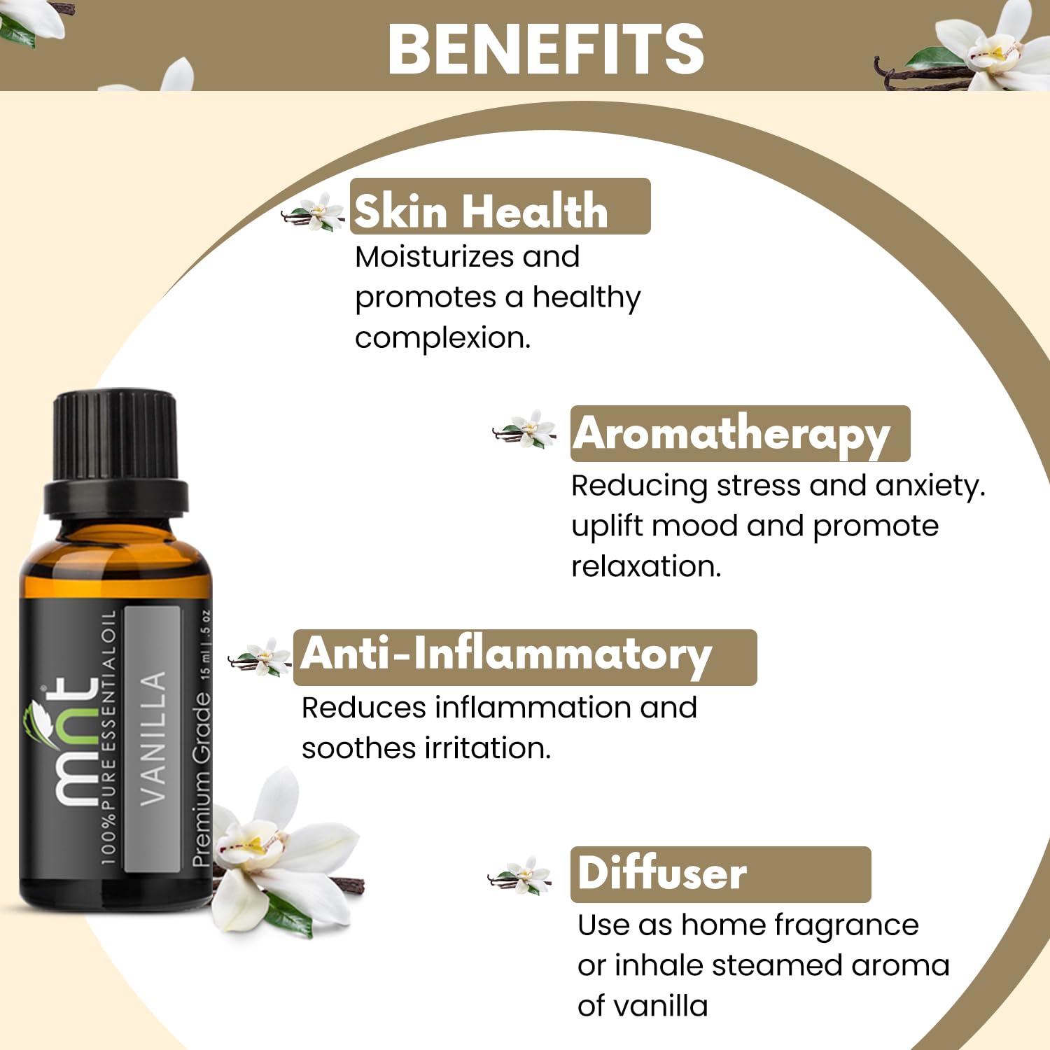 100% Pure Natural Vanilla Essential Oil - Undiluted Therapeutic Grade for Aromatherapy, Hair Care & Skin Care (15ml) | Perfect for Diffusers, Massage & DIY Beauty Products