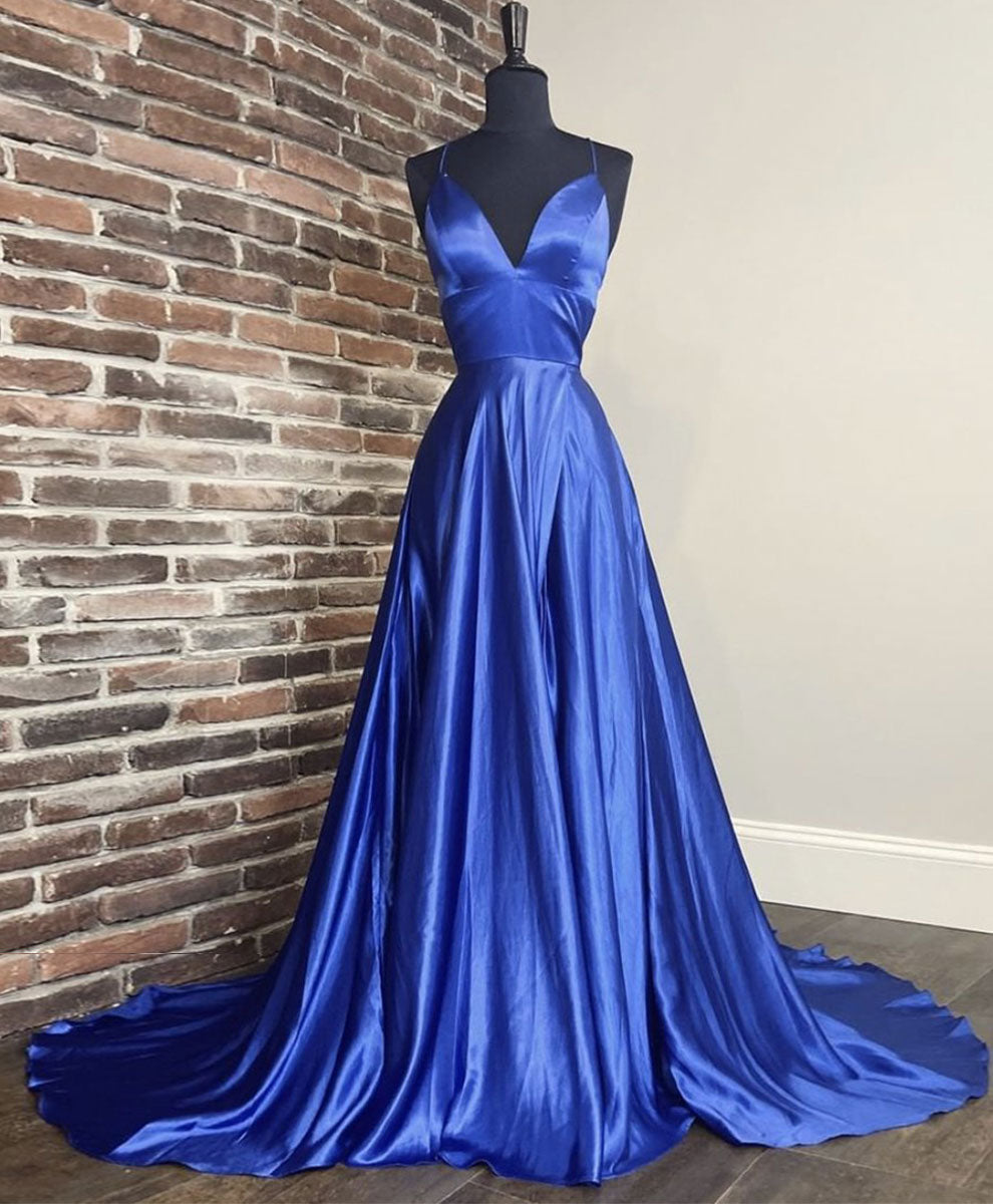 Elegant Blue Satin V-Neck Long Prom Dress for Women - Perfect for Formal Events, Evening Gowns & Special Occasions