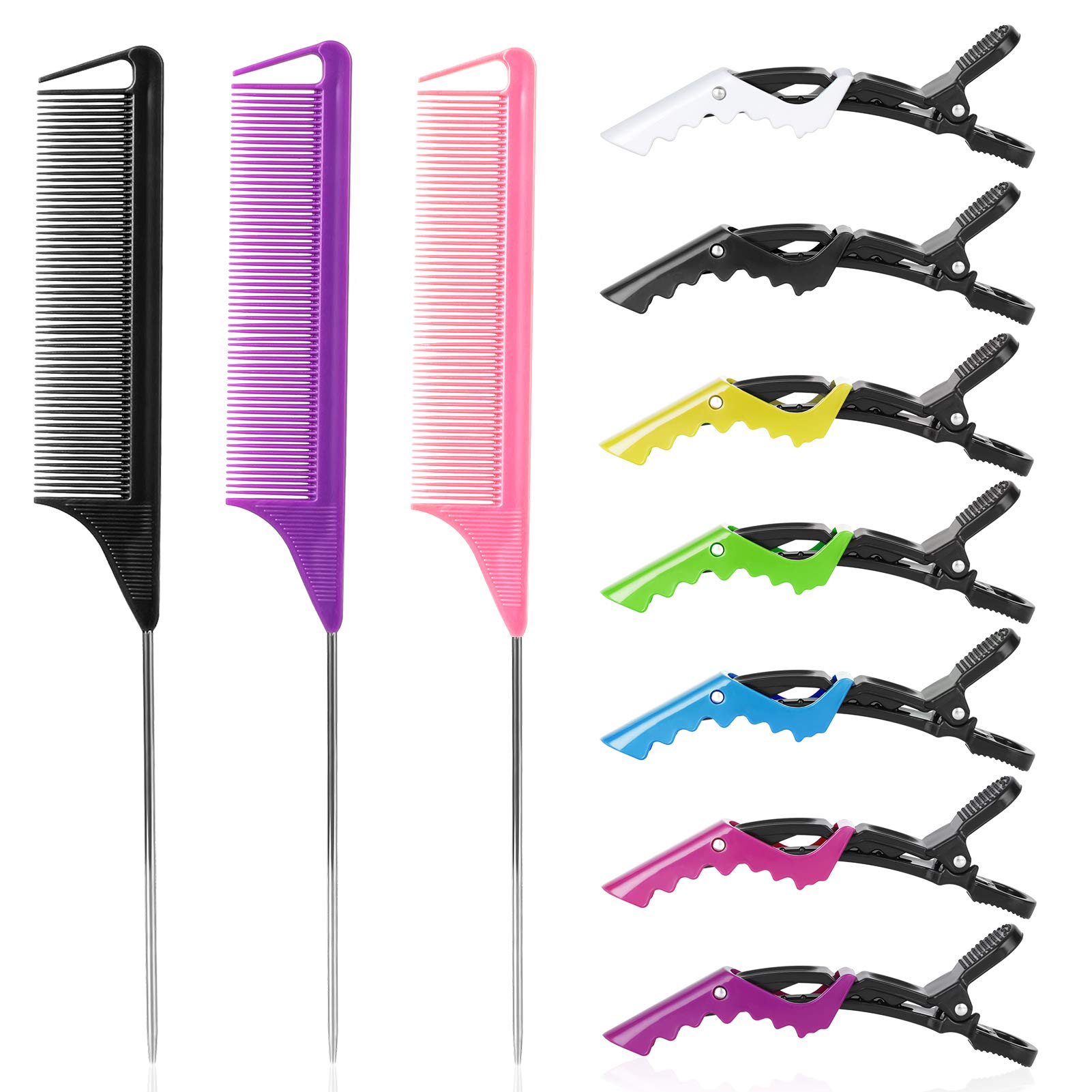 Professional Rat Tail & Parting Combs with Styling Clips - 3 Metal Teasing Combs & 7 Sectioning Hair Clips for Braids, Weaves & Hairstyling - Perfect for Salon, Home & DIY Hairdressing