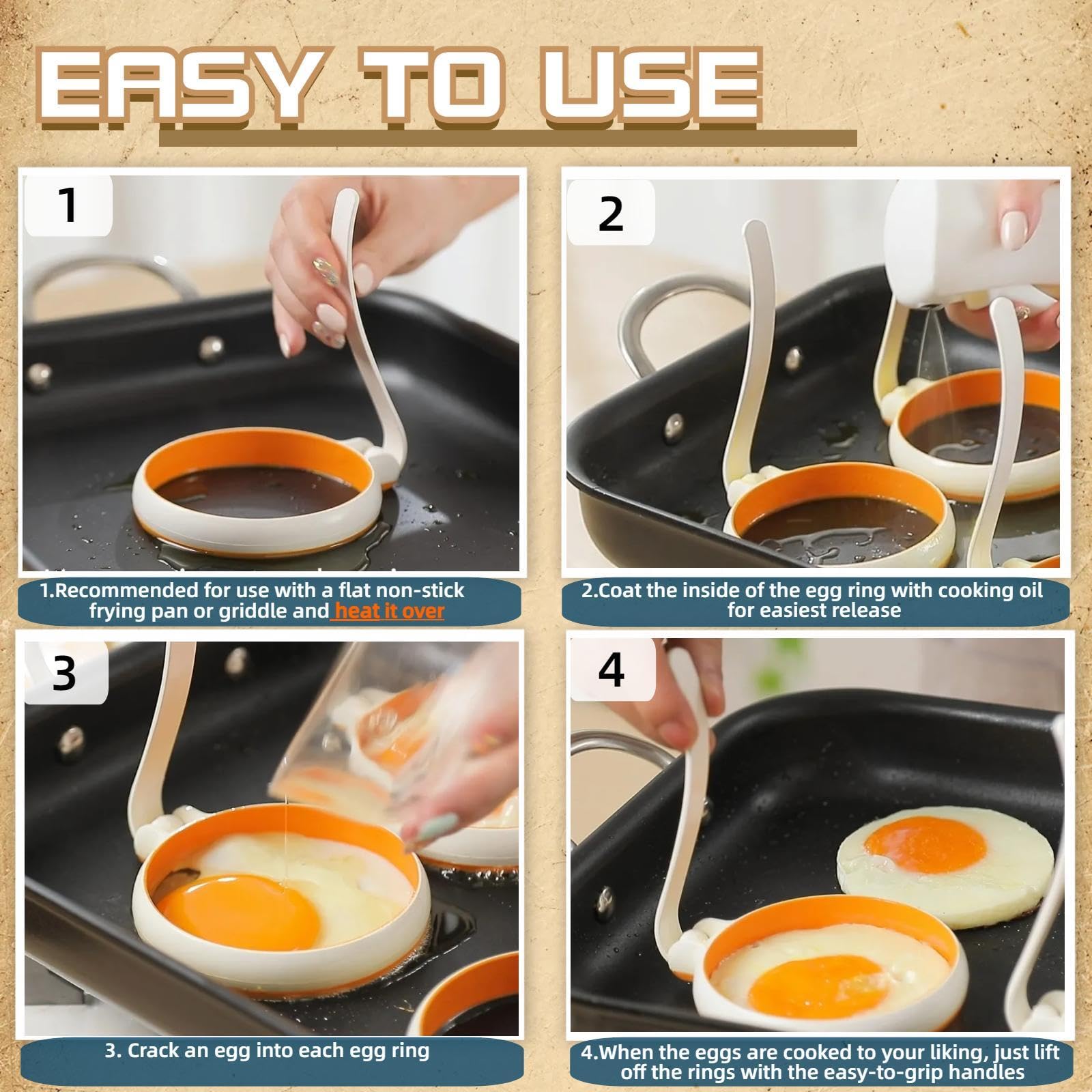 Nonstick Silicone Egg Cooker Rings Set - 4-Pack Round Egg Molds for Perfect Fried Eggs, Pancakes & Breakfast Sandwiches | Fits McMuffin Biscuit | Easy to Use & Clean | Ideal for Home Cooking, Camping & Meal Prep