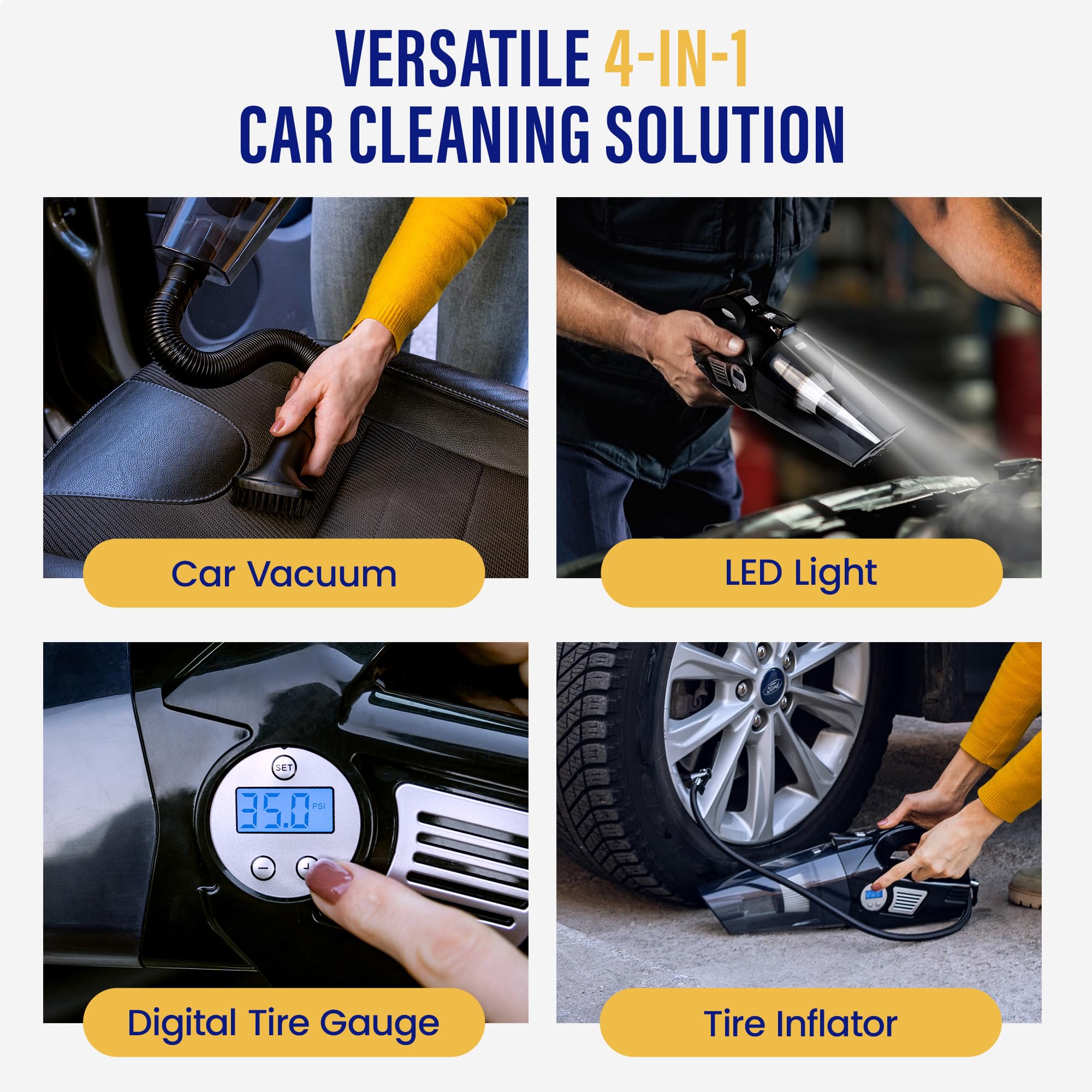 4-in-1 Cordless Car Vacuum Cleaner with Tire Inflator, Digital Pressure Gauge, LED Light & Cleaning Kit - Portable Handheld Vacuum for Car Interior, Home & Office Cleaning - Perfect for Pet Hair, Dust & Debris Removal