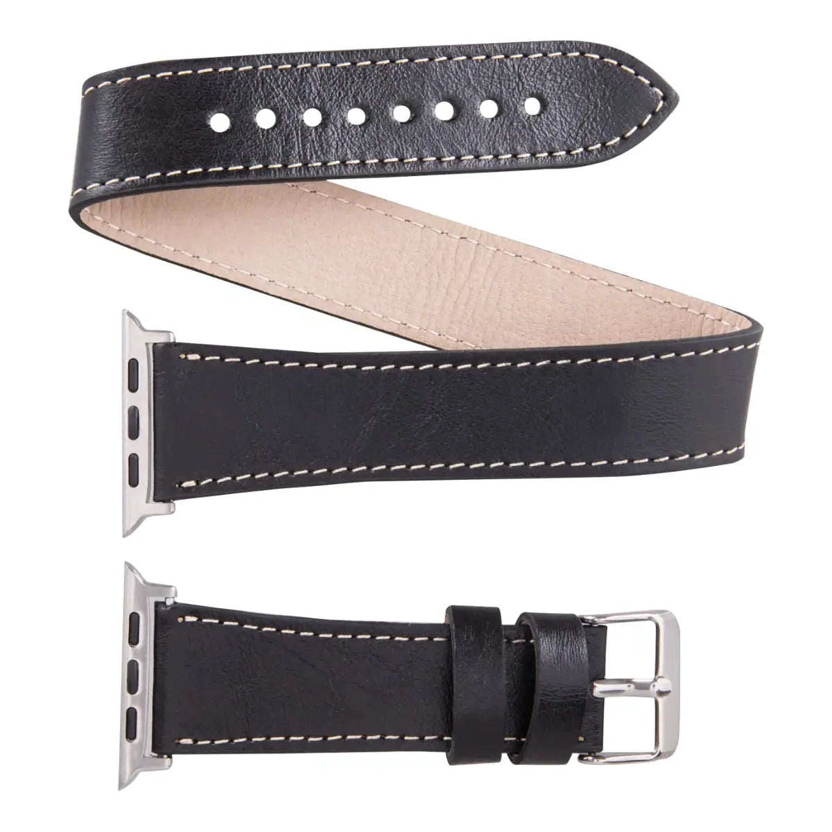 Premium Black Leather Double Tour Strap for Apple Watch - Stylish & Comfortable Replacement Band for Work, Travel & Everyday Wear